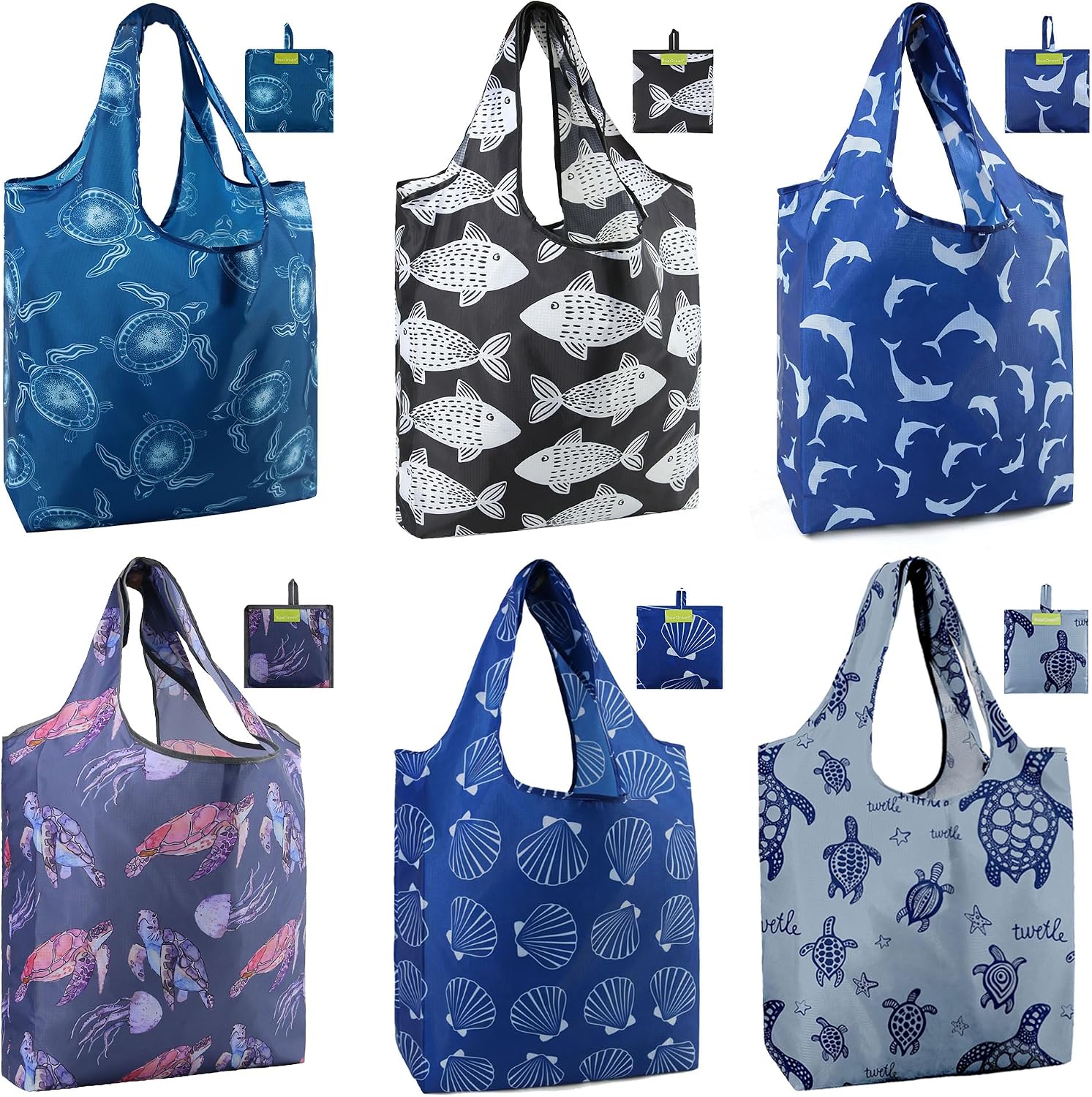 BeeGreen Grocery Bags | Reusable Gift Bags, Large Tote for Women & Foldable Beach Bag - 6 Pack Reusable Bag With Handles | Collapsible Cute Cloth Storage for Market, Holiday & Shopping | Washable​