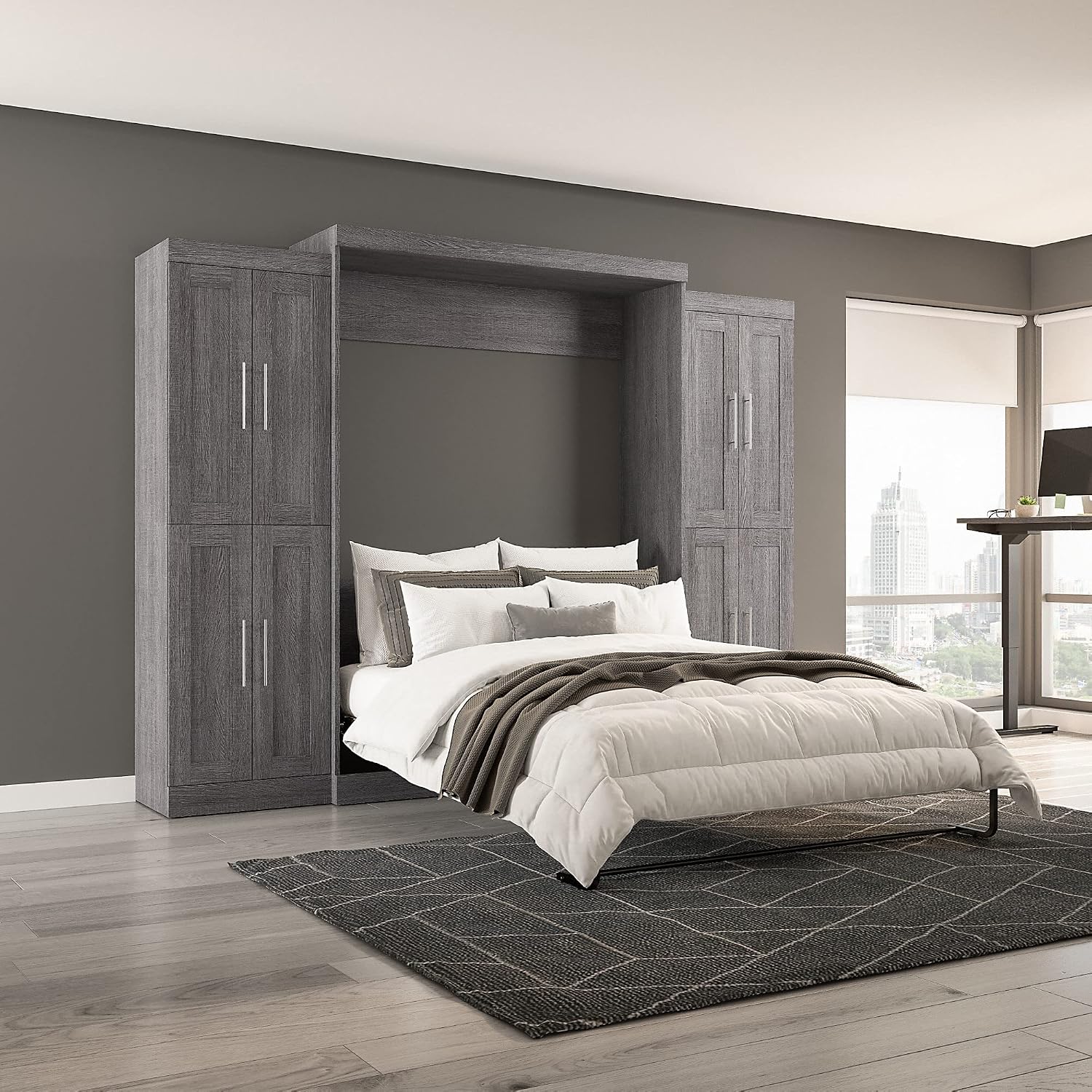 Bestar Pur Full Murphy Bed and 2 Shelving Units with Drawers, 109-inch Space-Saving Sleeping Arrangement in White | 2 Shelving Units with Drawers; supports up to 1000 lb; min. ceiling height 86.4 in.; dual piston mechanism; 10-year warranty