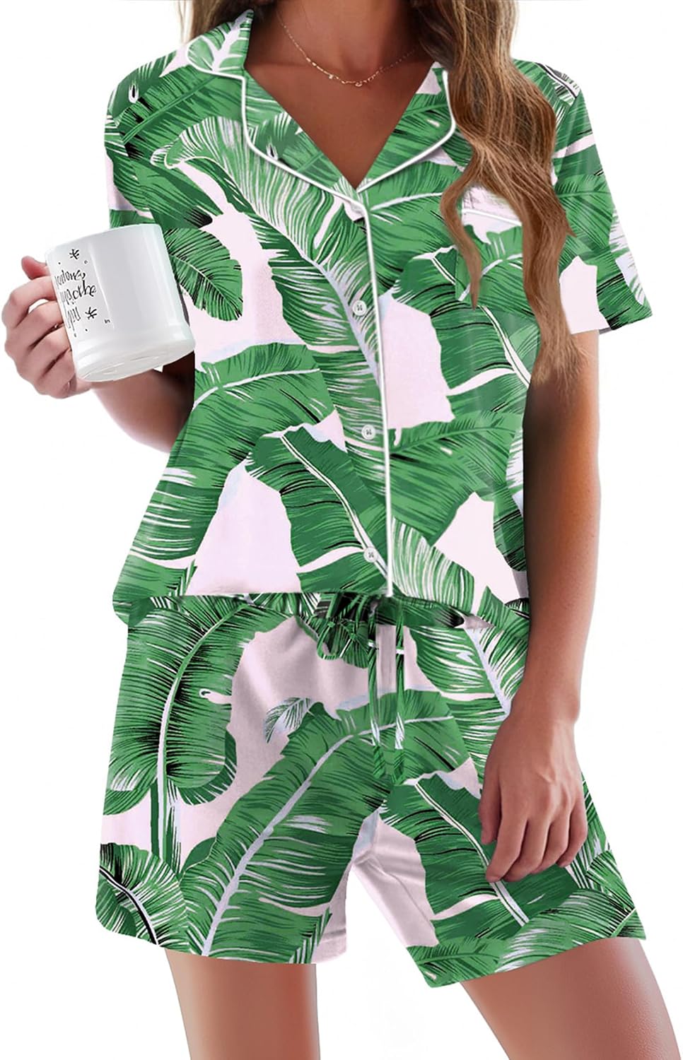 Ekouaer Pajamas Set for Women Short Sleeve Sleepwear Button Down Pj XS-XXXL | Summer 2 Piece Lounge Set, Soft Fabric, Drawstring Waistband, for Bridesmaid Bride Party, Plus Size, Petite, Cute Pattern
