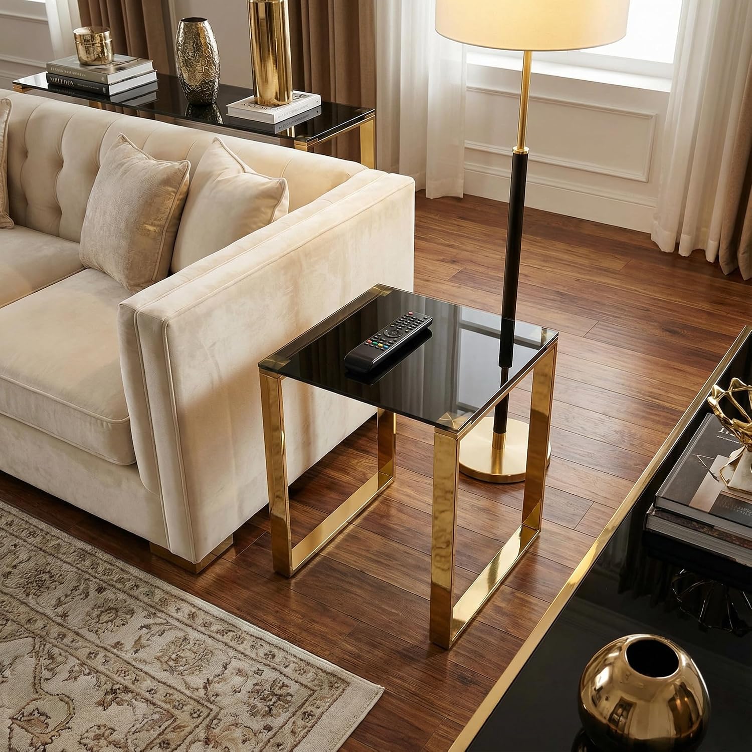 Cortesi Home CH-ET636045 Remini End Table, Gold Metal and Black Glass, End Table 18"