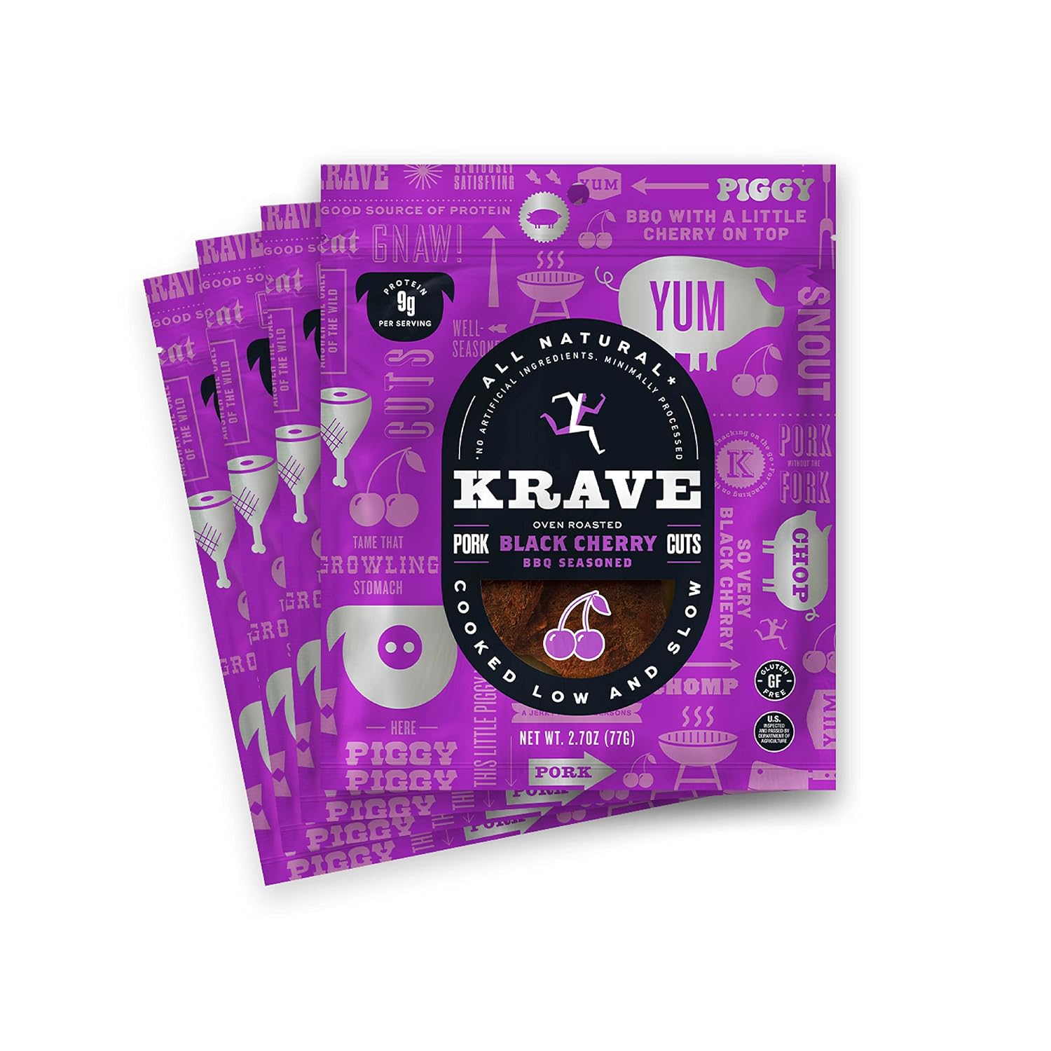 KRAVE All Natural Pork Jerky, Black Cherry BBQ - Protein Packed Snacks Roasted for Maximum Flavor - Premium Tender Meat Cuts - Gluten Free - 2.7 Ounce