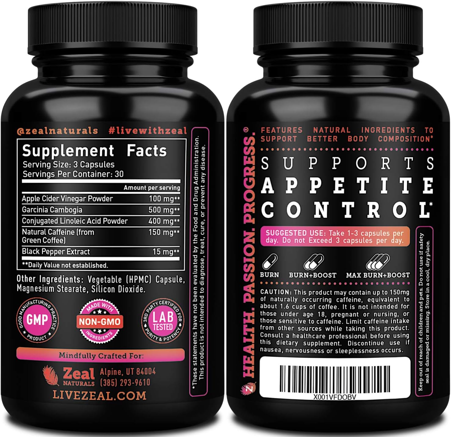 Zeal Apple Cider Vinegar Hunger & Metabolism Support - ACV Capsules - Garcinia Cambogia + w. CLA & Green Coffee Bean Green Tea, 90 Capsules