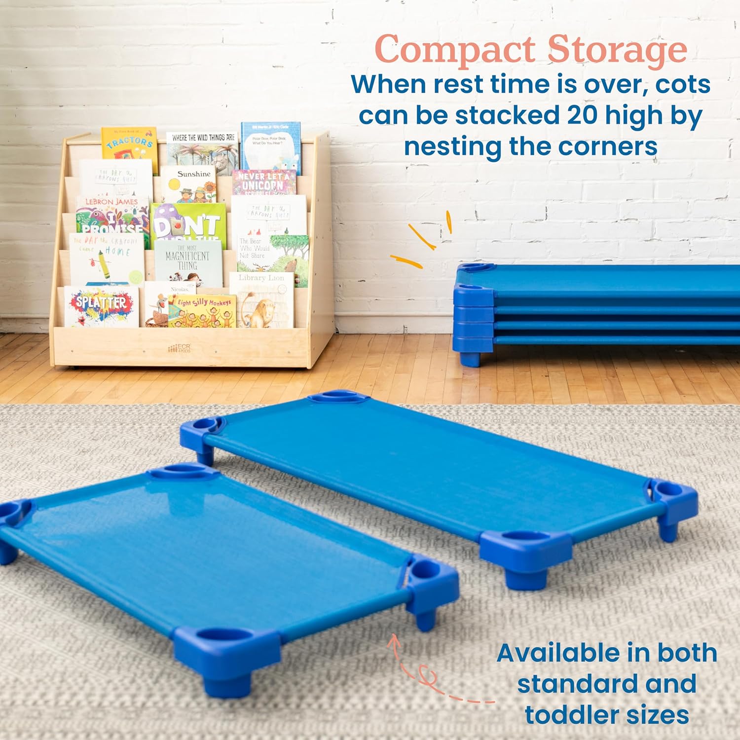 ECR4Kids Stackable Kiddie Cot, Ready-To-Assemble, Toddler Size, Classroom Furniture, Blue, 6-Pack | Breathable mesh, GREENGUARD Gold Certified