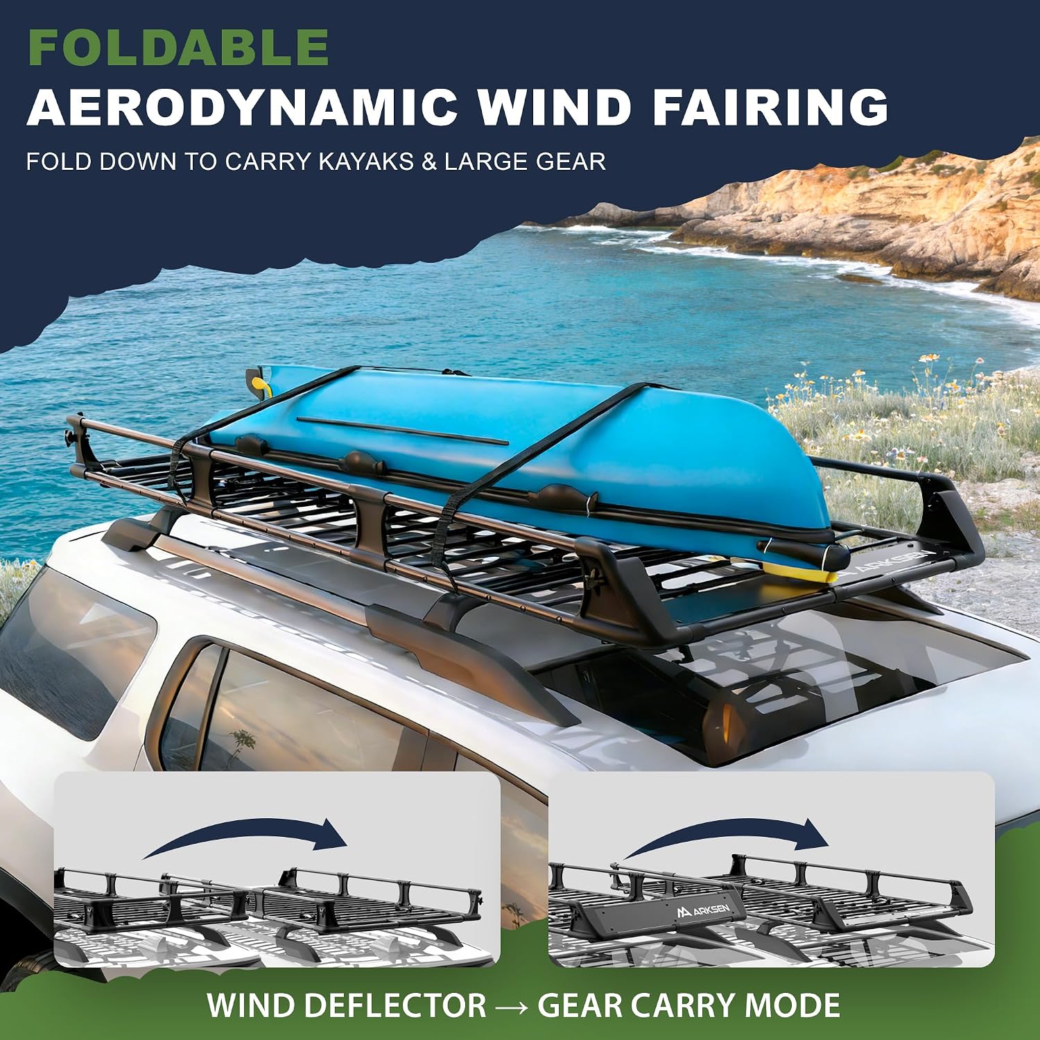 2-in-1 Foldable Fairing Roof Rack Cargo Basket (Deflector & Flat Mode), 64" x 39" Heavy Duty Steel Rooftop Carrier, 250 lbs Max Load, Fits SUV Truck Pickup for Kayaks, Canoes & Luggage