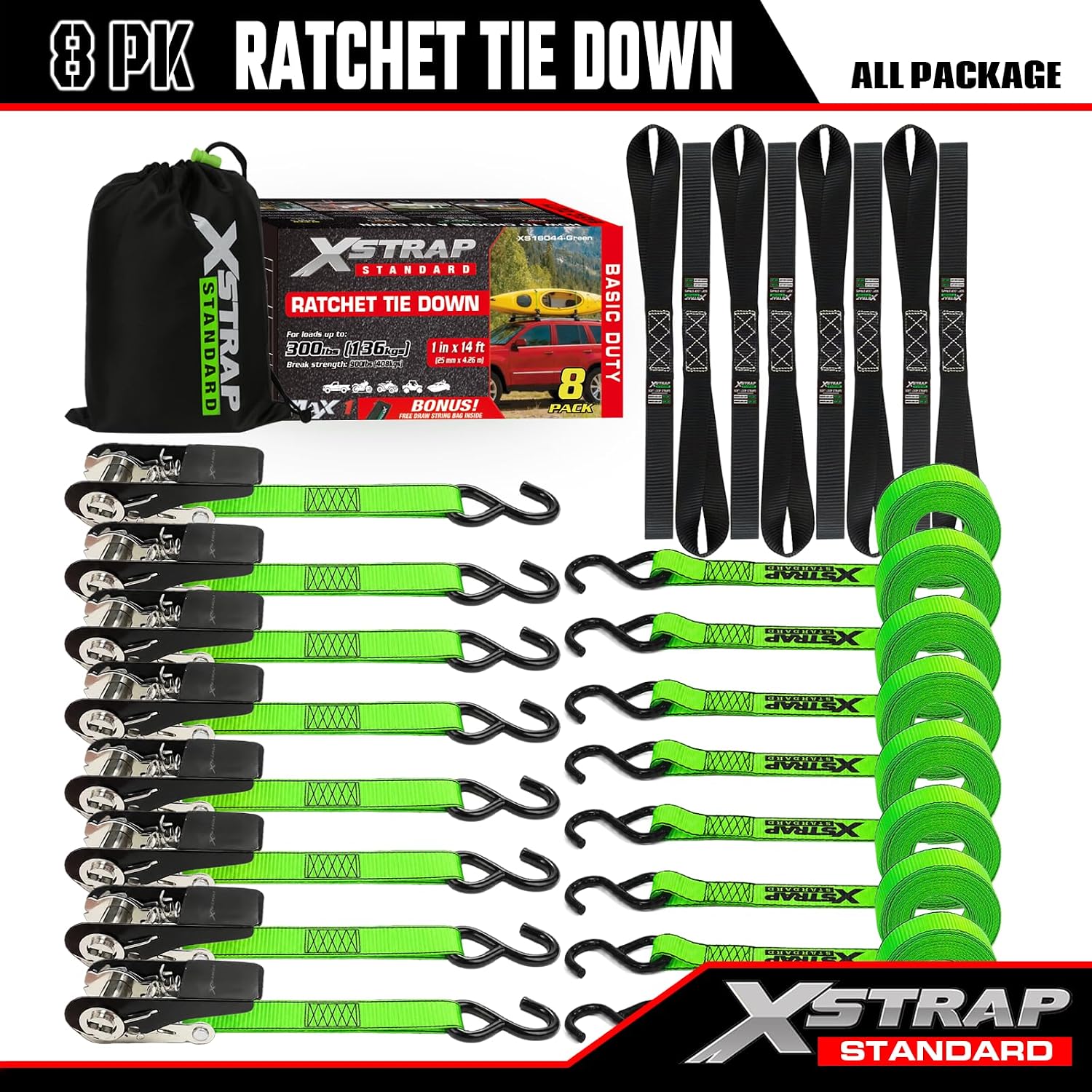 XSTRAP STANDARD 8-PK Ratchet Tie Down Straps, 1" x 10ft Cargo Strap, Yellow