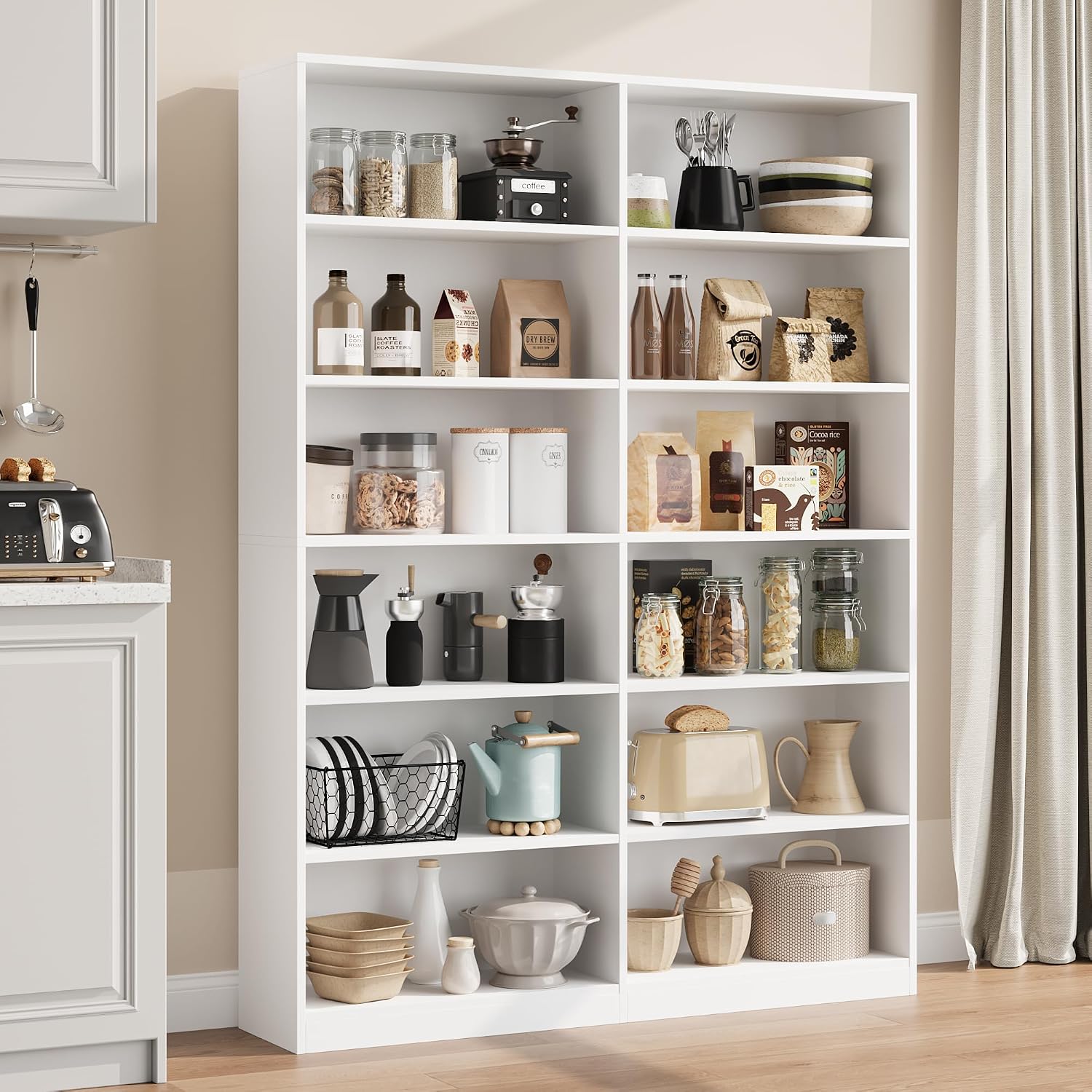 Bookshelf Tall Bookcase, 6-Tier Double Wide Bookshelves, White | Freestanding Display Storage Shelves, Tall and Large Book Shelves for Home Decor Bedroom, Living Room, Home Office, Library