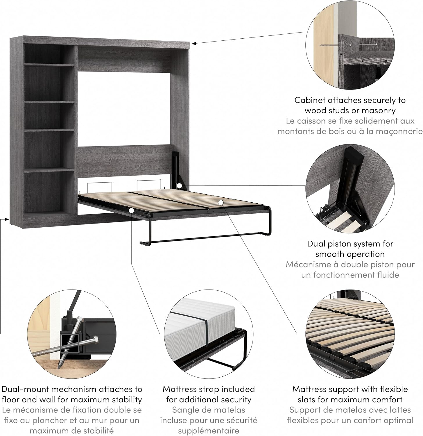 Bestar Pur Queen Murphy Bed, 65-inch Space-Saving Sleeping Arrangement for Multipurpose Area, Bedroom, Guest Room, or Living Room | Dual piston mechanism; for guest room or multipurpose space; Shaker-inspired trim with metal handles