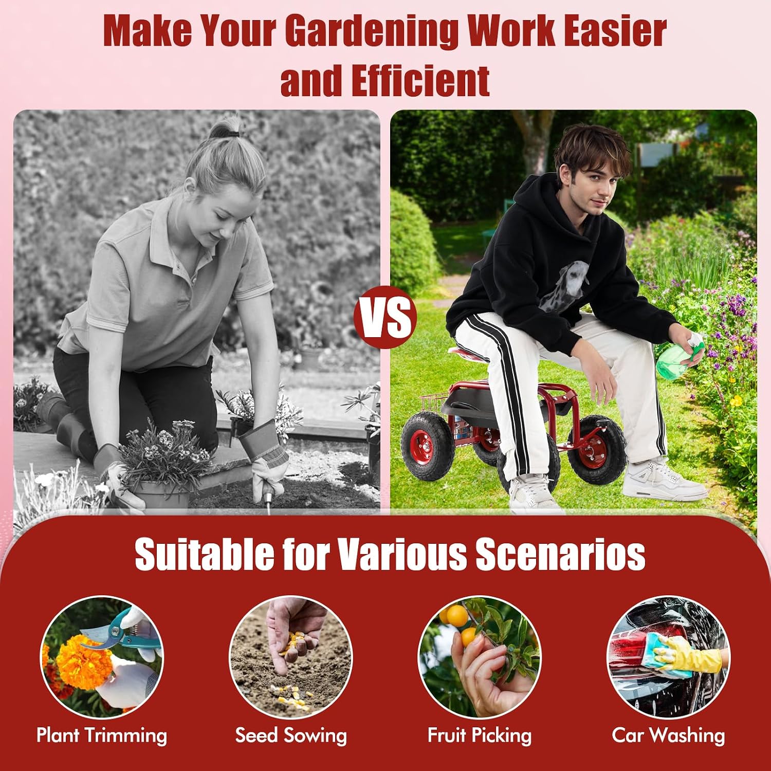 Goplus Rolling Garden Cart with Seat, Outdoor Garden Stool with Wheels, Tool Tray & Basket, Adjustable Steering Handle