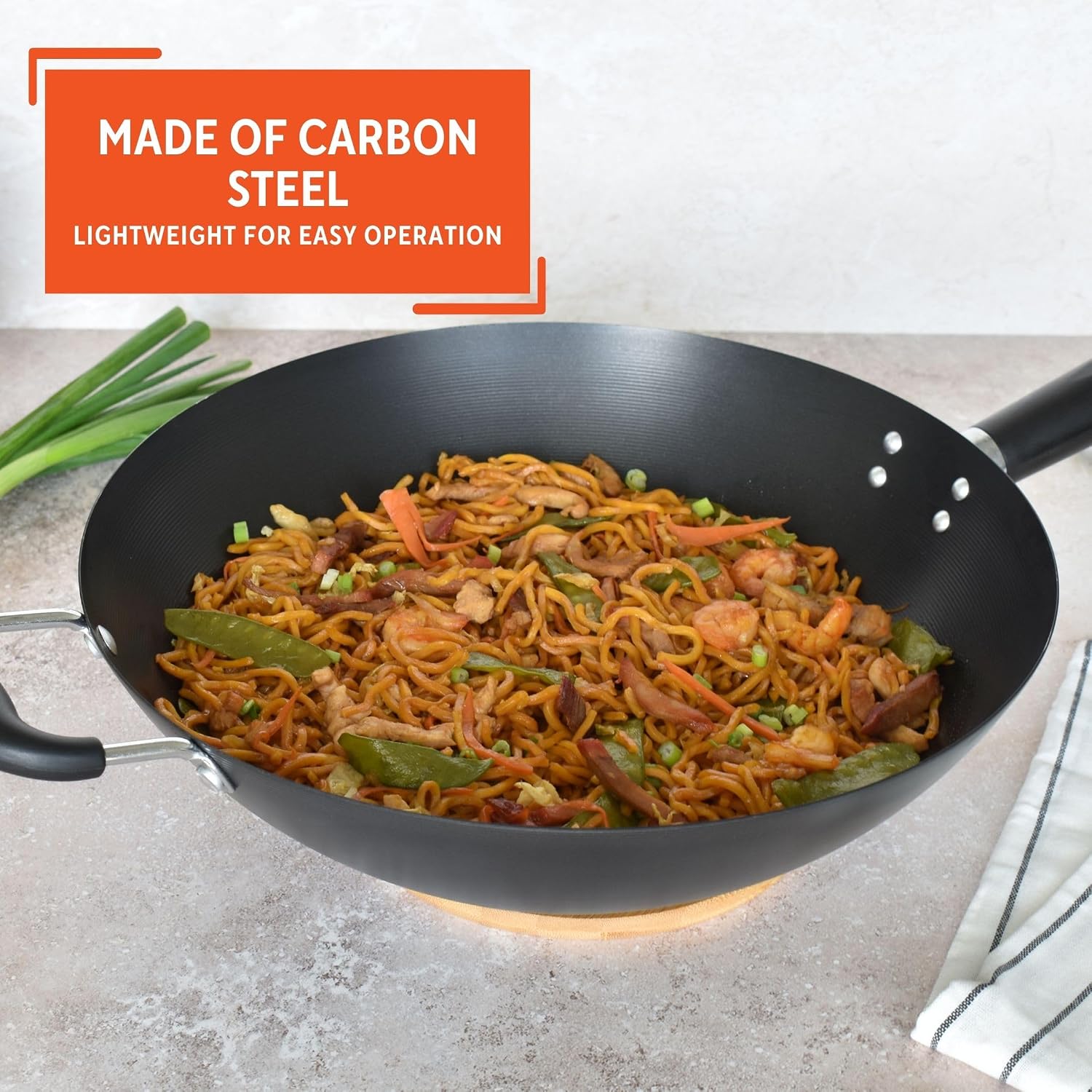 IMUSA 9.5 Inch Carbon Steel Nonstick Wok with Cool-touch Handle, Black | Cool-Touch Handle, Ideal for Stir Fry, Great for Everyday Meals