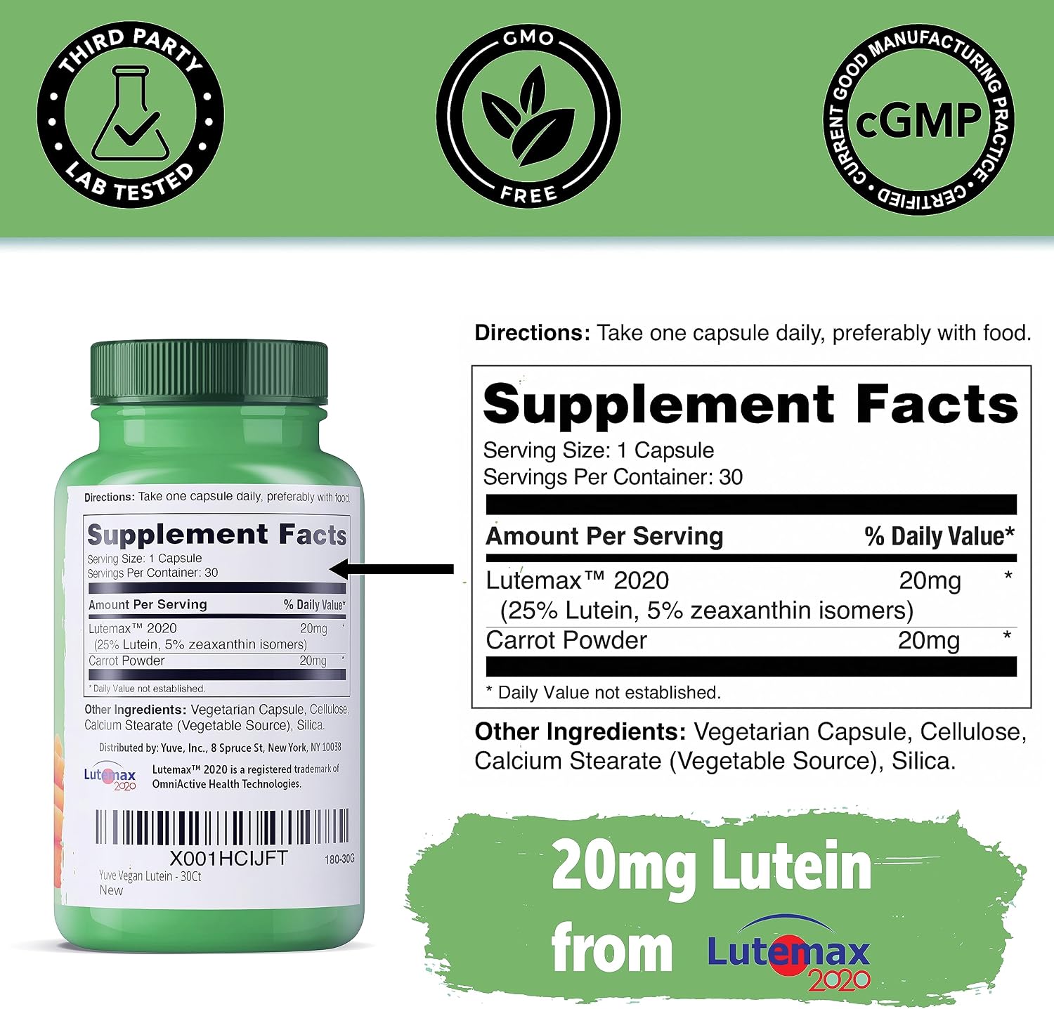 Yuve 20mg Lutein & Zeaxanthin Eye Health Supplement with Clinically Studied Lutemax 2020 Carotenoid Complex - Supports Dry Eyes