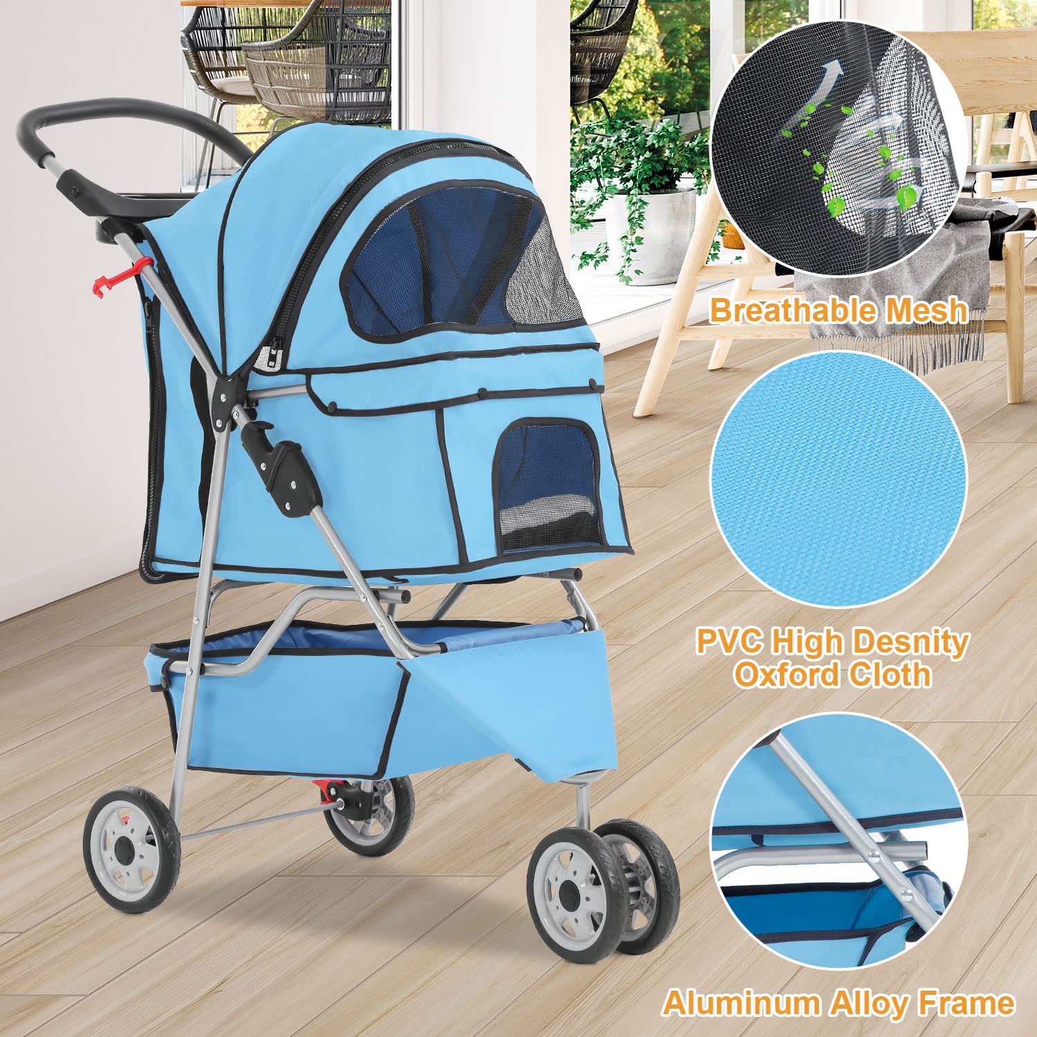 BestPet | 4-Wheel Foldable Pet Stroller | Black | Lightweight & Portable | Travel Carrier with Mesh Windows, Storage Basket, Cup Holder, Safety Brakes, and Waterproof Fabric | For Small Dogs and Cats