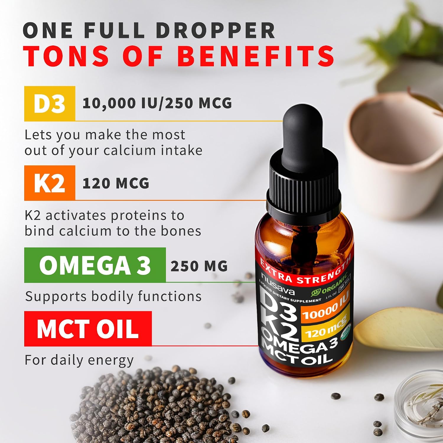 Nusava Organic Vitamin D3 K2 Drops with MCT Oil, Unflavored, Pack of 2