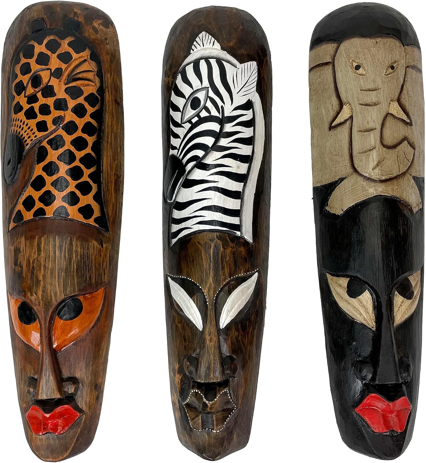 Set Of 3 African Wildlife Wooden Wall Masks | 19 In. Tall by 5 In. Wide, 2 In. Deep, Hand-Painted, Handcarved by Artisans, Fair Trade Item