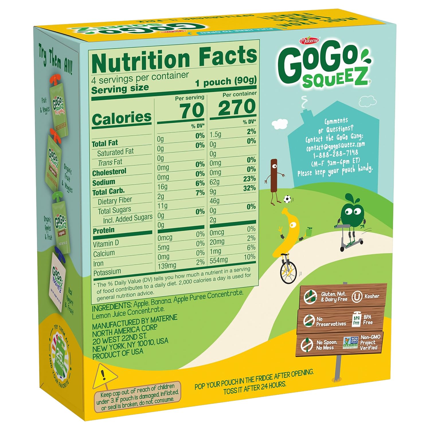 GoGo squeeZ No Sugar Added Applesauce, Apple Apple, 3.2 oz, 48 Count | Kids on the go fruit snack made with applesauce & fruit puree; 3.2 oz pouches, gluten and nut free, recloseable cap, BPA-free