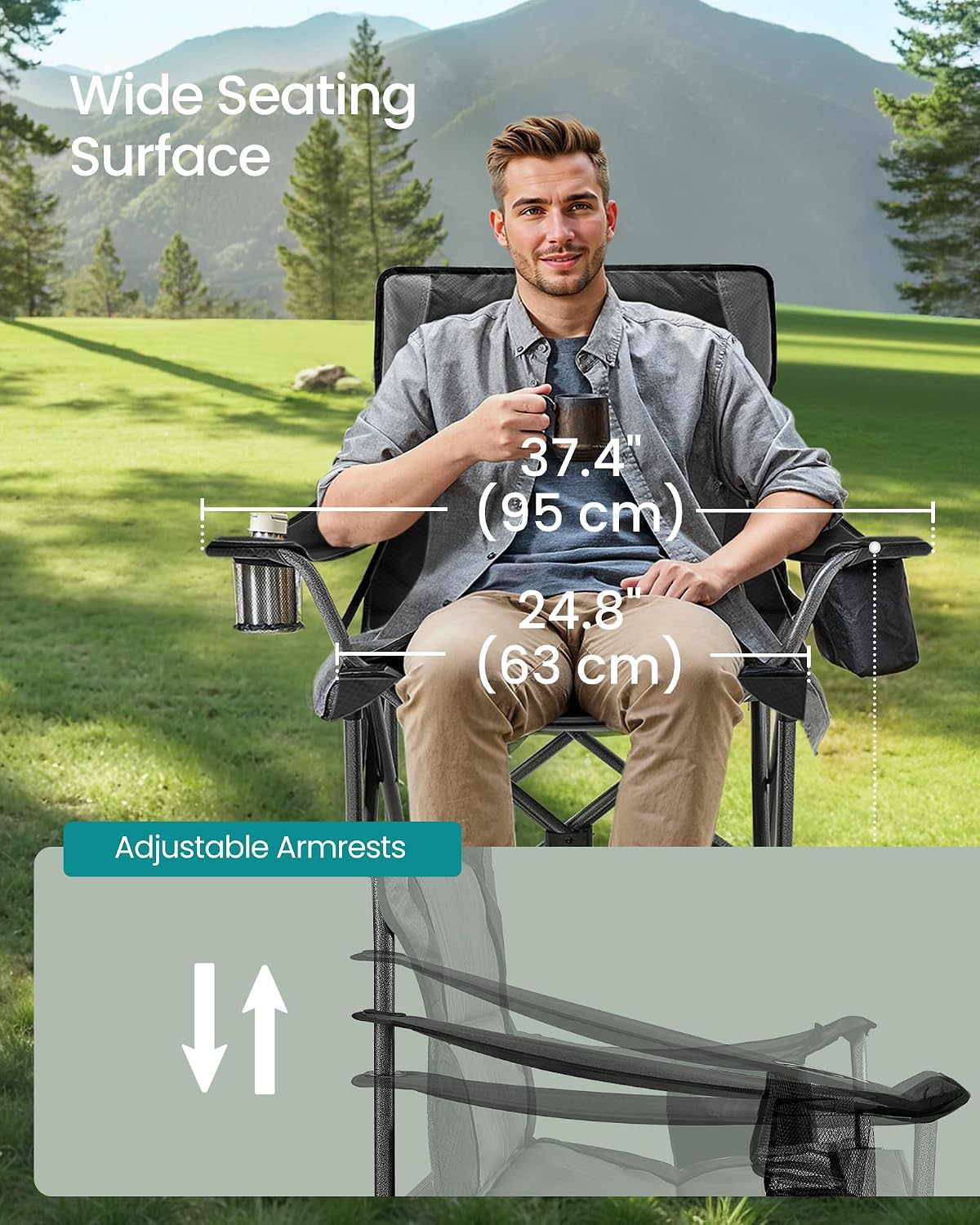 SONGMICS Folding Camping Chair, 450 lb Capacity | Folding lawn chair with cup holder and heavy-duty design, Ink Black, UGCB066B01
