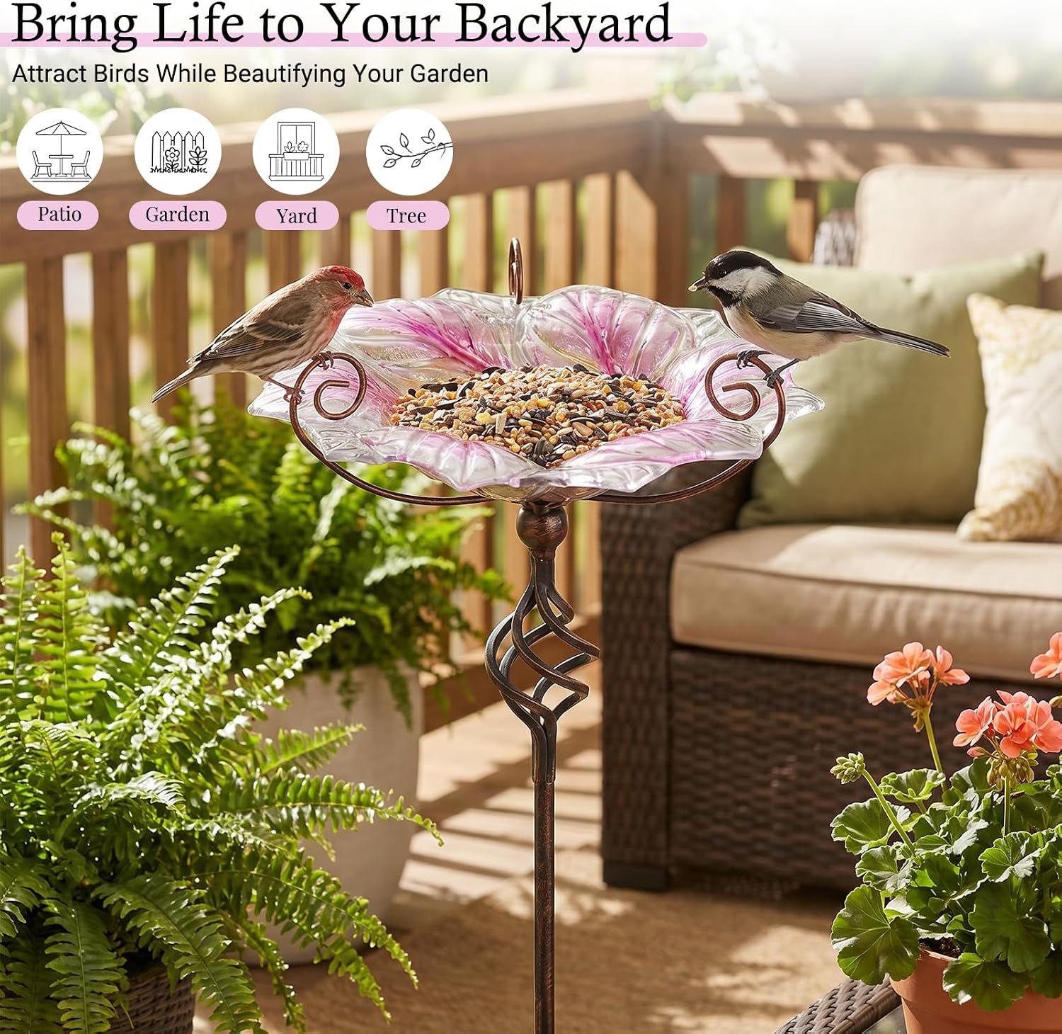 VCUTEKA Glass Bird Bath Outdoor Birdfeeder with Metal Stake Garden Decor