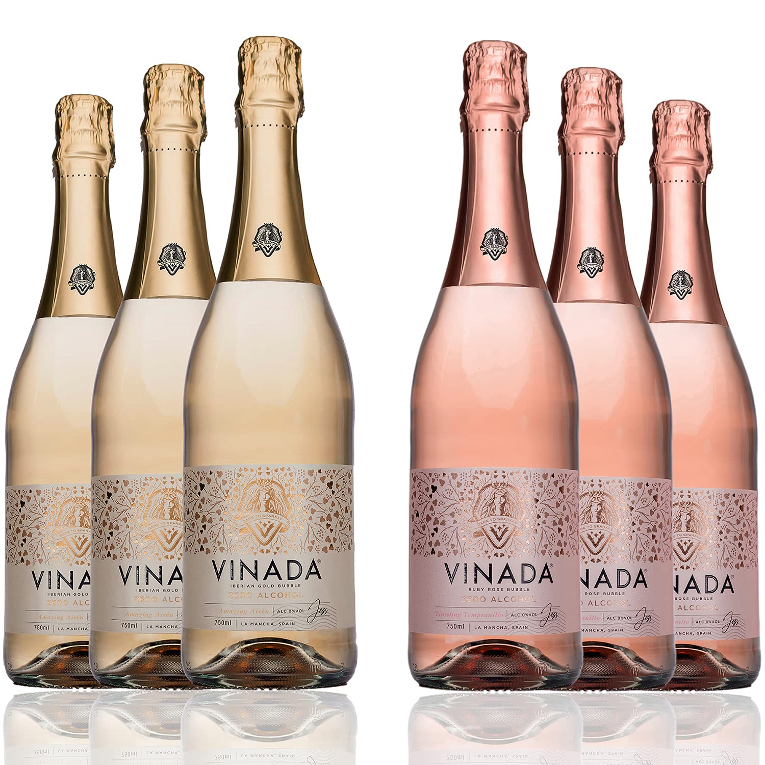 VINADA - Sparkling Gold & Rosé Variety Pack - Zero Alcohol Wine - 750 mL (6 Glass Bottles)