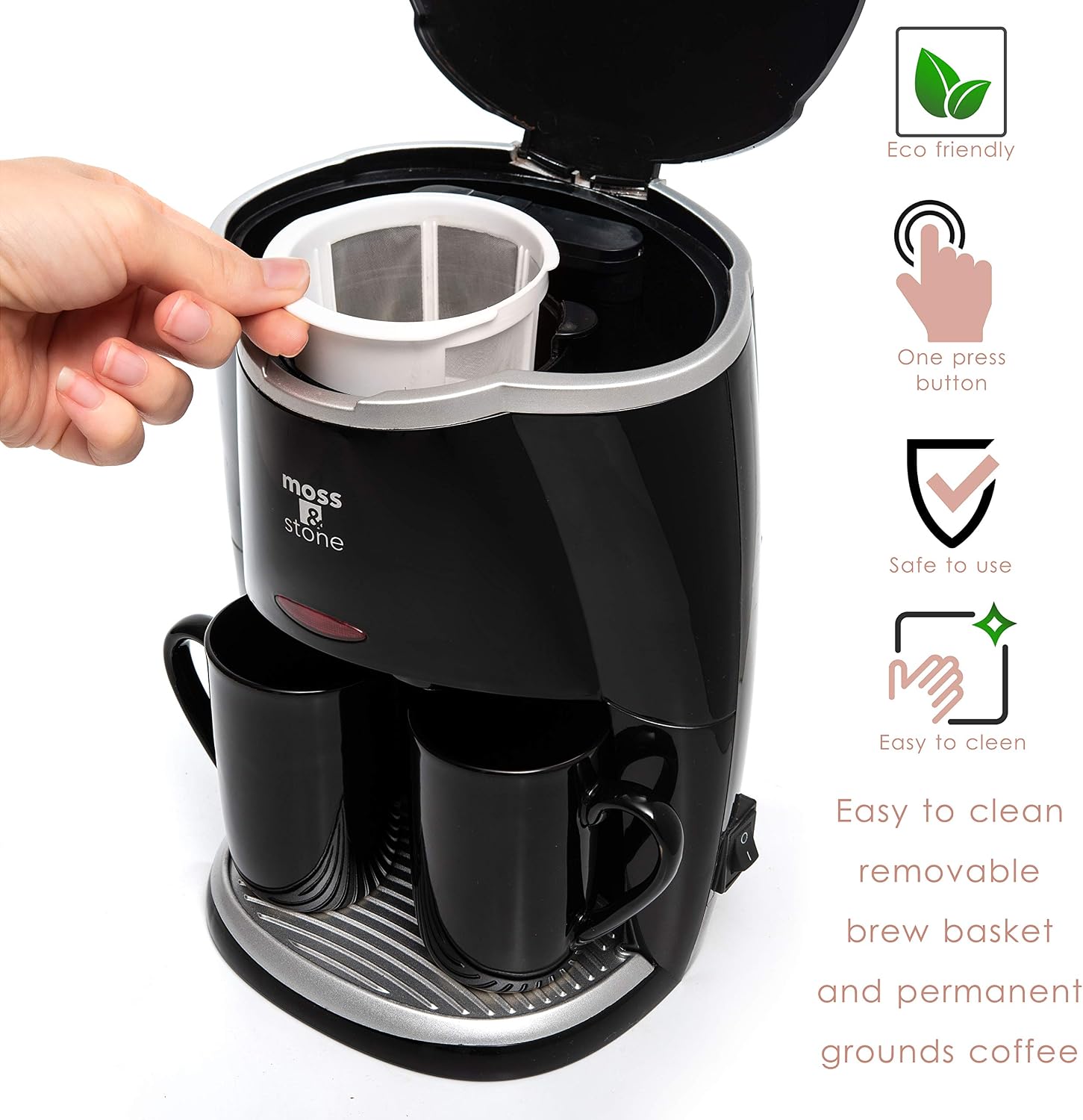 Moss & Stone 2-Cup Mini Drip Coffee Maker with 5oz Mugs, Small Coffee Pot