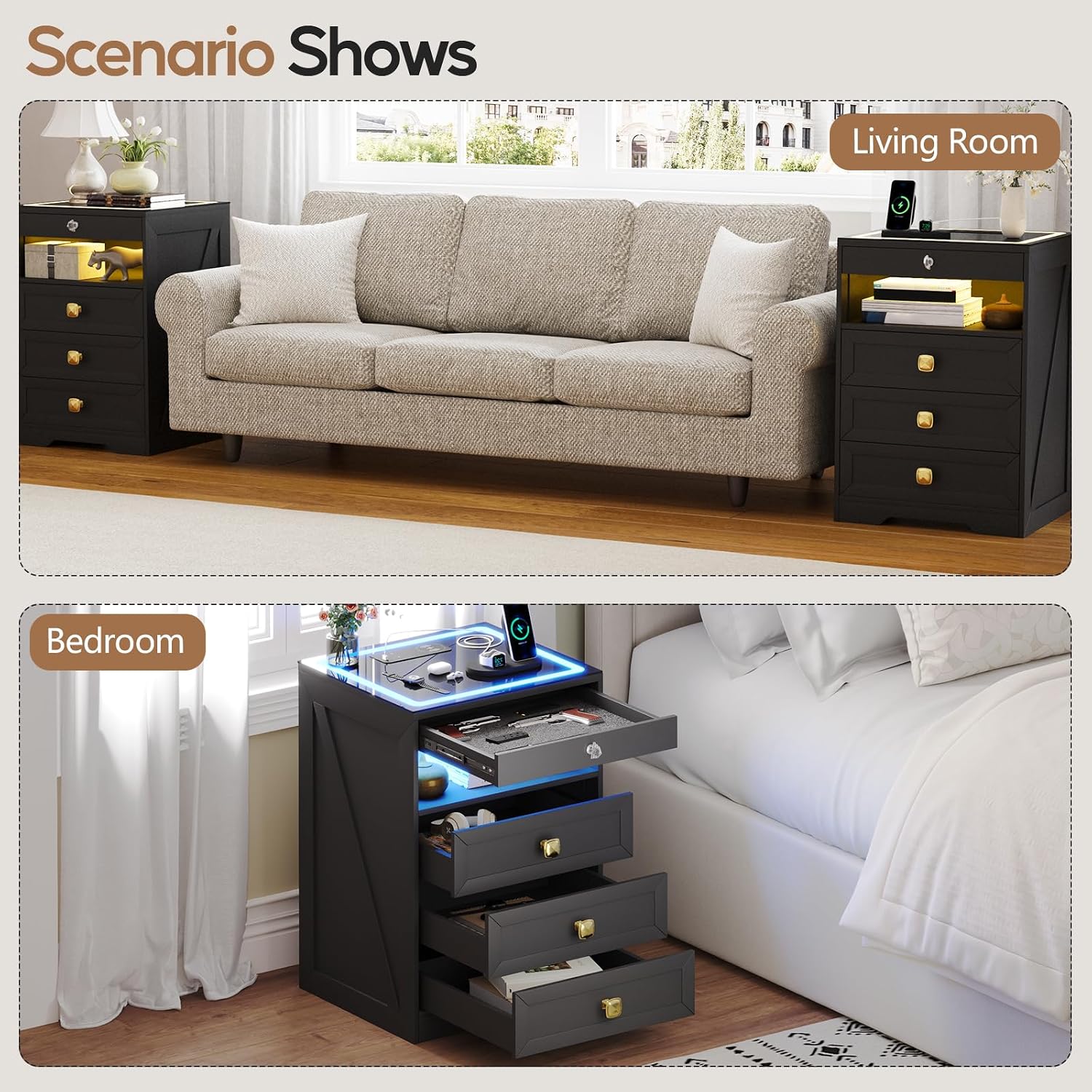 Smart LED Nightstand with Lockable Gun Drawer & Glass Top（Black） | Modern Bedside Table with Charging Station and Hidden Storage, LED Night Stand with 4 Drawers & Motion Sensor for Bedroom
