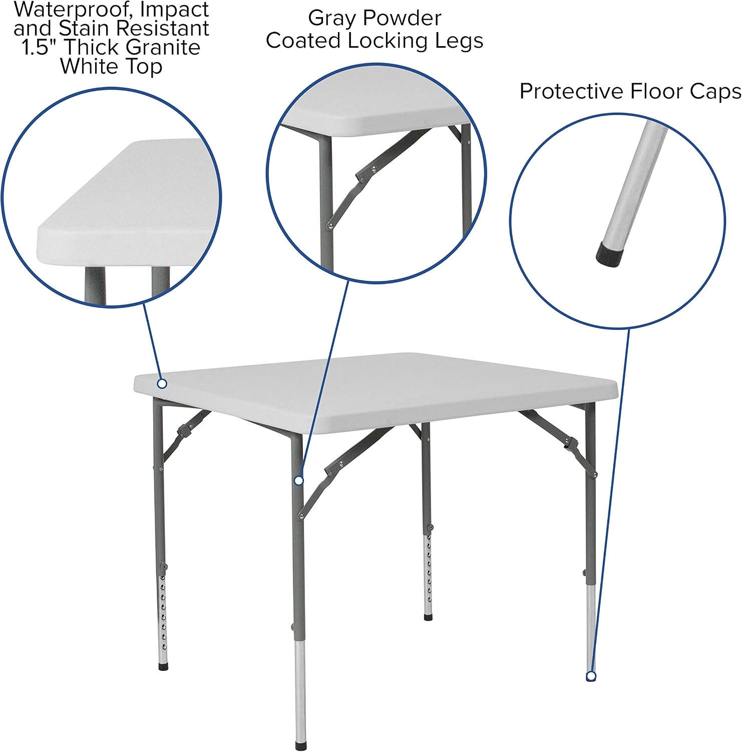 EMMA + OLIVER 2.79-Foot Square Granite White Adjustable Folding Table | Height Adjustable, Card and Game Table, Lightweight