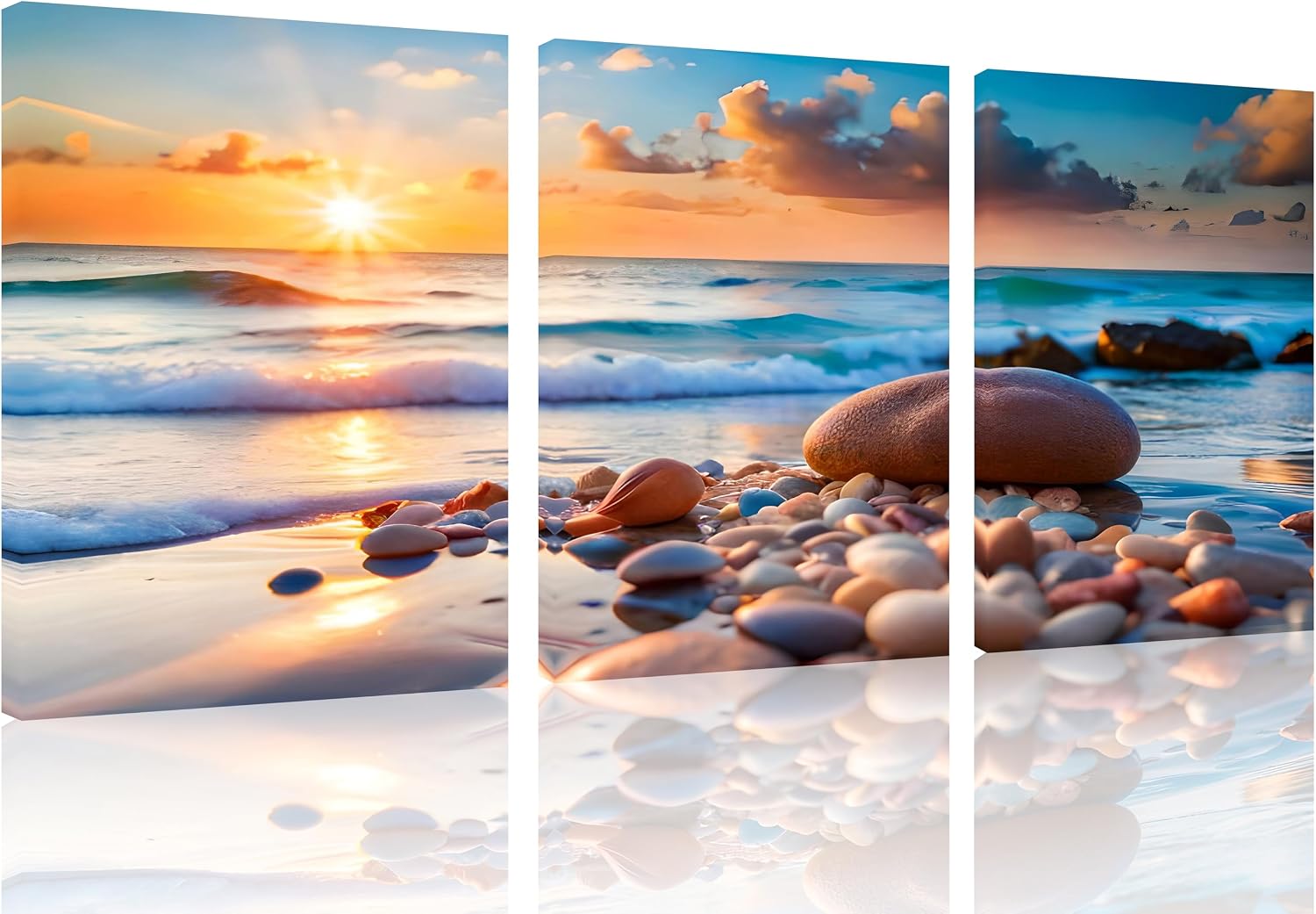 TutuBeer 3 Panel Beach Canvas Wall Art for Home Decor Blue Sea Sunset White Beach Painting the Picture Print on Canvas Seascape the Pictures for Home Decor Decoration,Ready to Hang