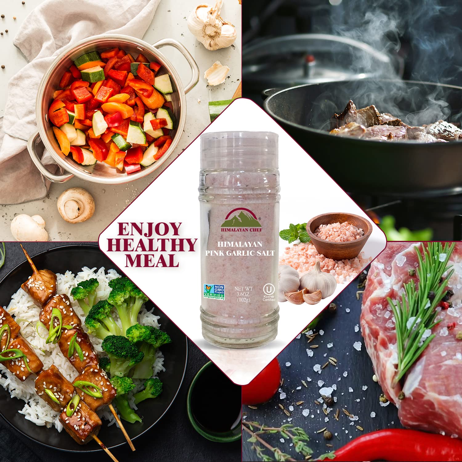 Himalayan Chef Himalayan Pink Garlic Salt -3.6 Oz (Pack of 1), Small Grinder of Garlic Salt Seasoning, Natural & Certified