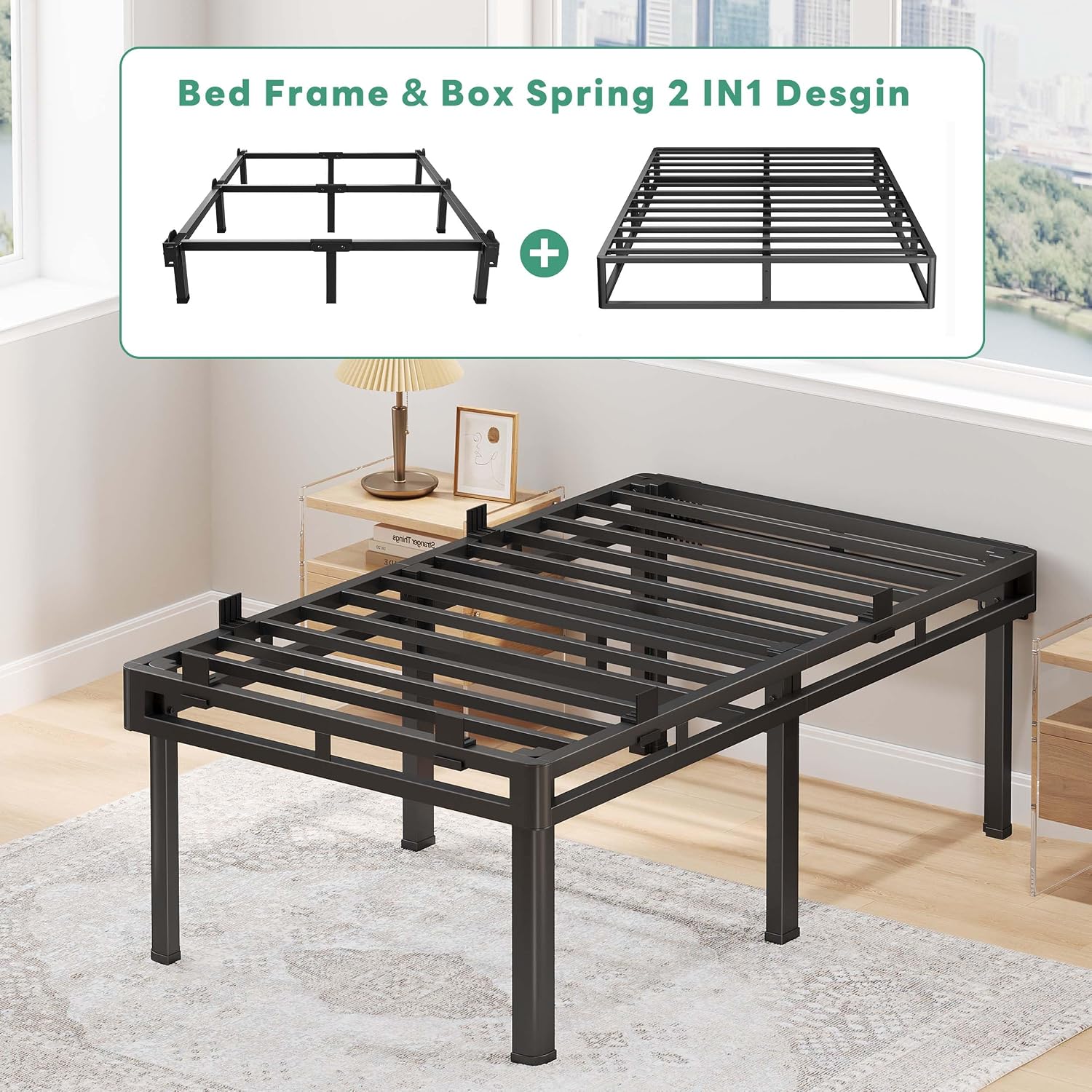 Superay 24 inch HIgh Queen Bed Frame with Rounded Legs, Double Layer Design | Metal Bed Frame & Box Spring 2 in 1 High Platform with Matress Gasket & headboard Adapter, Heavy Duty Support 4000lbs, Black