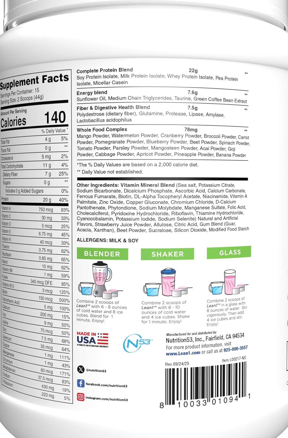 Lean1 Vanilla, Meal Replacement Protein Shake, 15 Serving Tub