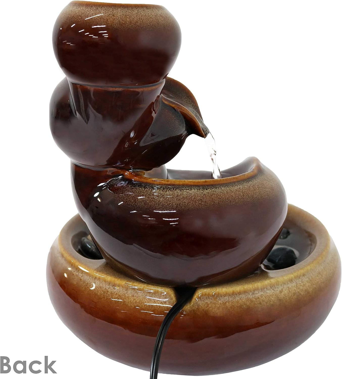 Sunnydaze 10" Tiered Vessels Ceramic Tabletop Fountain, Smooth Glaze, Brown
