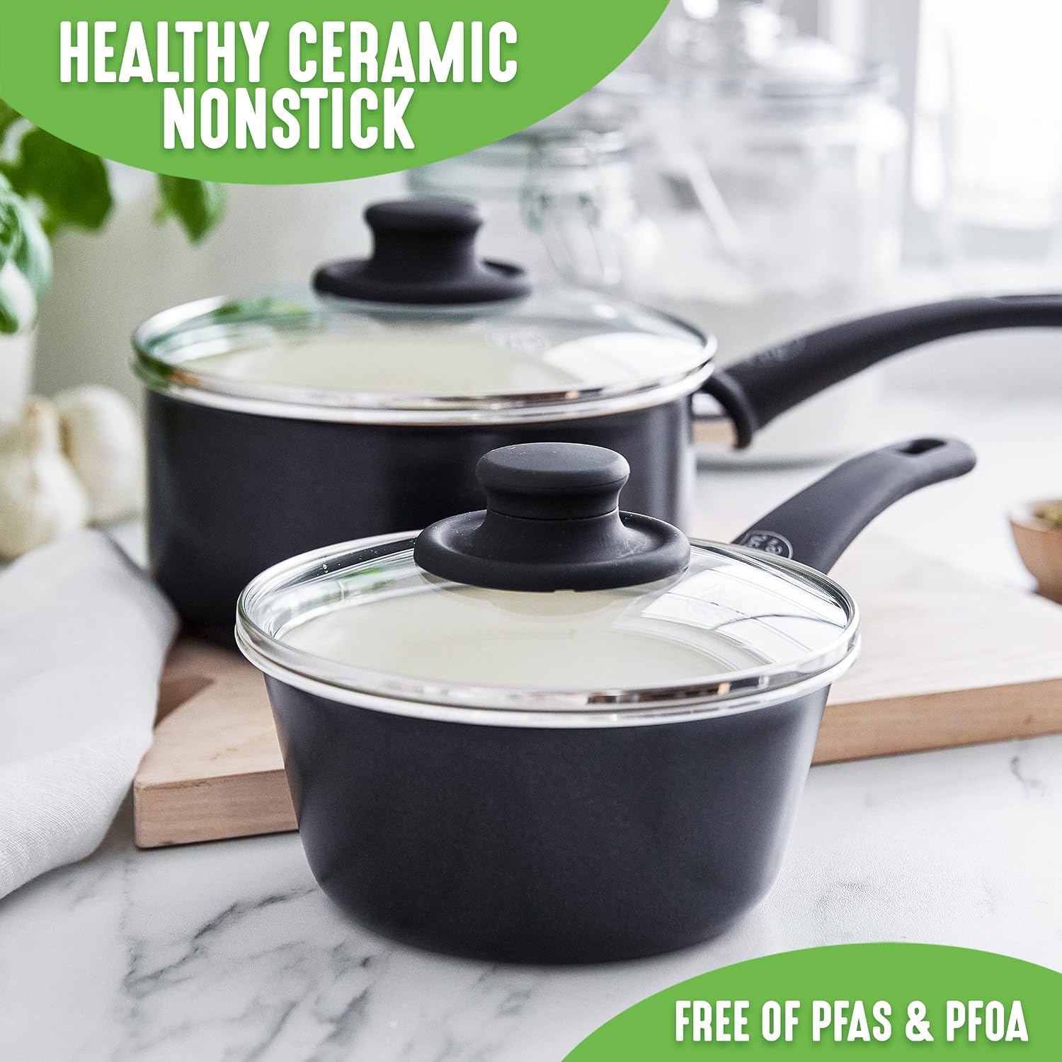 GreenLife Soft Grip 1QT and 2QT Saucepan Set, Healthy Ceramic Nonstick, Non Toxic PFAS & PFOA-Free, Dishwasher Safe, Glass Lids, Stay-Cool Handles, Easy Clean Cookware, Kitchen Essentials, Turquoise