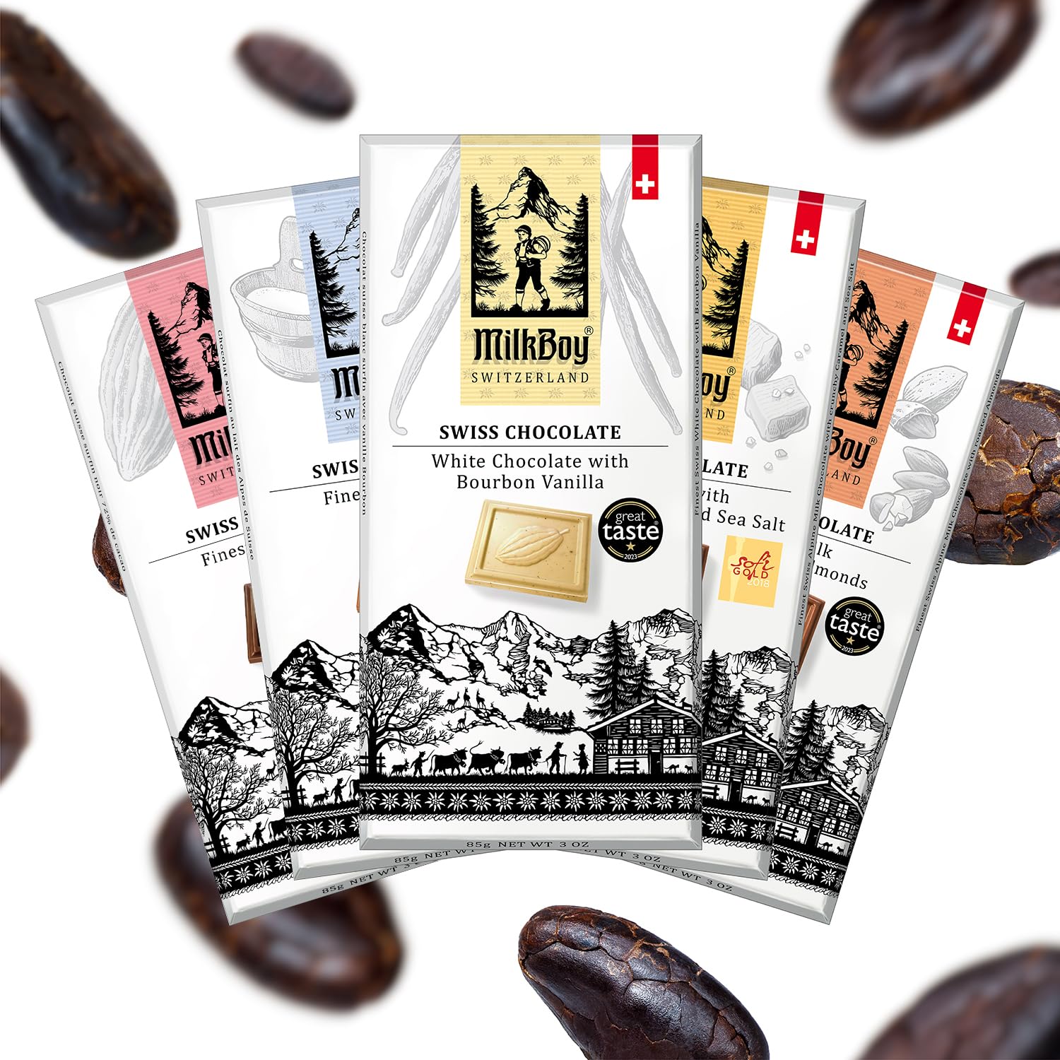 MilkBoy Swiss Chocolates Chocolate Bar Variety Flavors - 3 oz, 5 Pack | Includes milk, dark, white bourbon vanilla, caramel sea salt & almond flavors. Rainforest Alliance certified cocoa. Kosher.