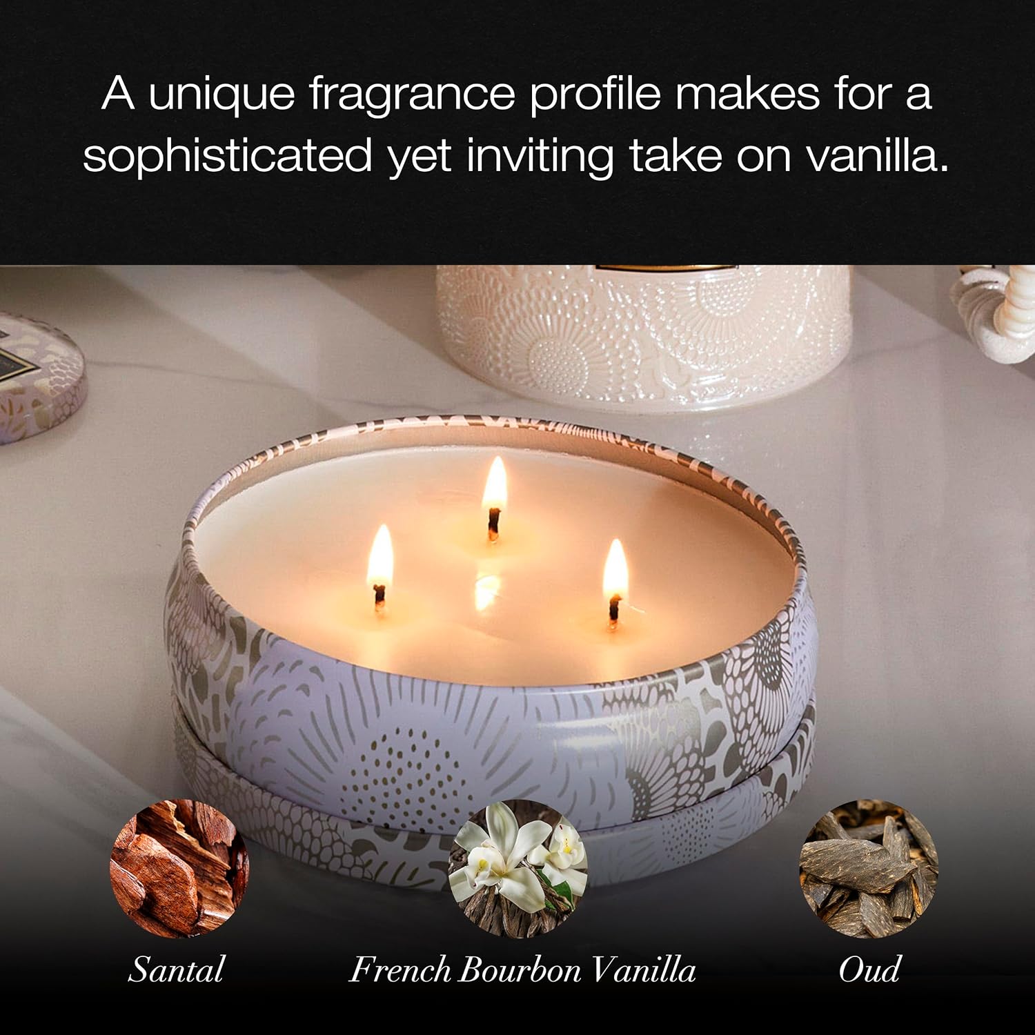 Voluspa Santal Vanille, 3 Wick Tin Candle, 12 oz, 40 Hour Burn Time, Coconut Wax for Clean Burning, Handcrafted in the USA