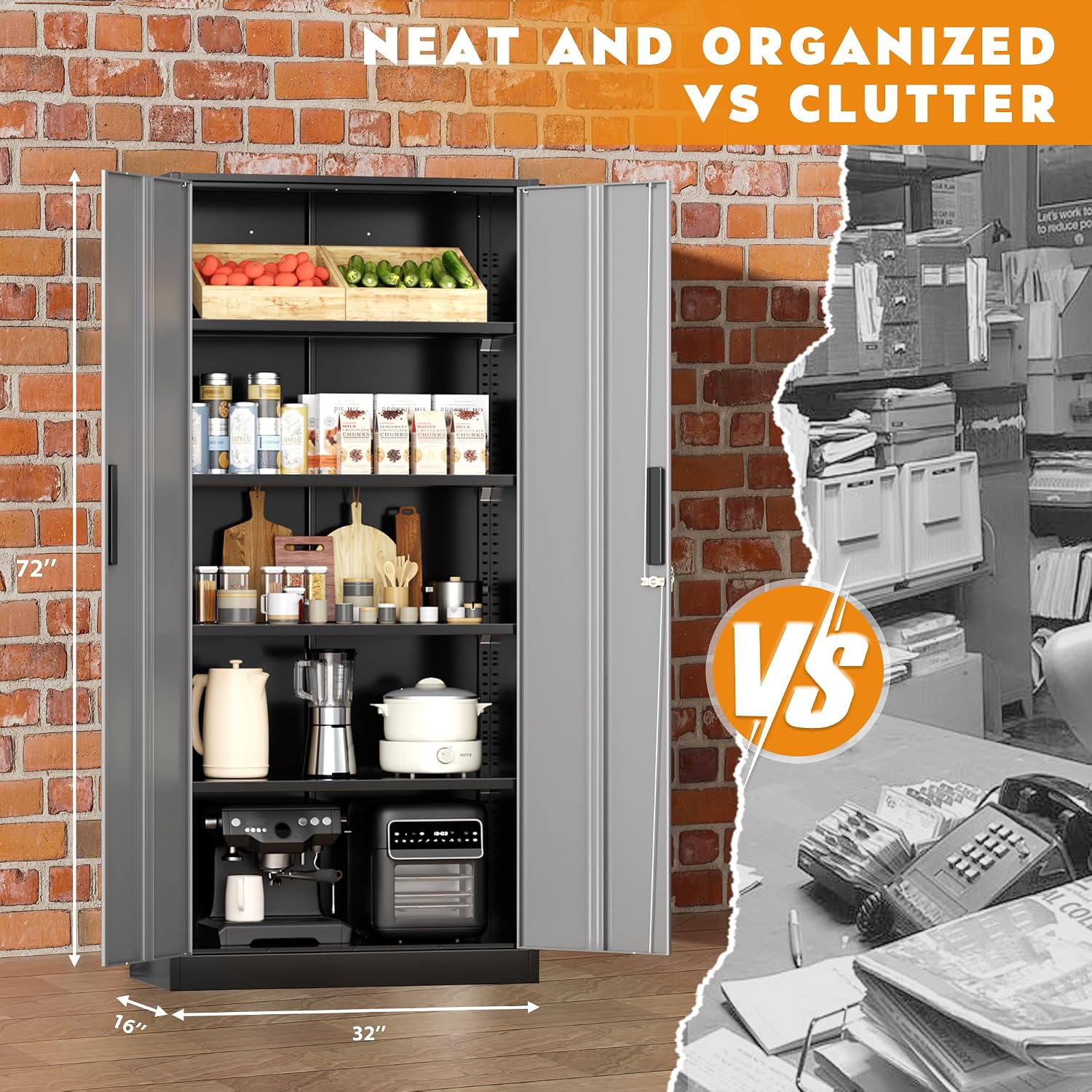 Greenvelly Steel SnapIt Storage Cabinet, 72" Locking Metal Garage Storage Cabinet with 4 Adjustable Shelves, 2 Doors and Lock for File, Office, Garage