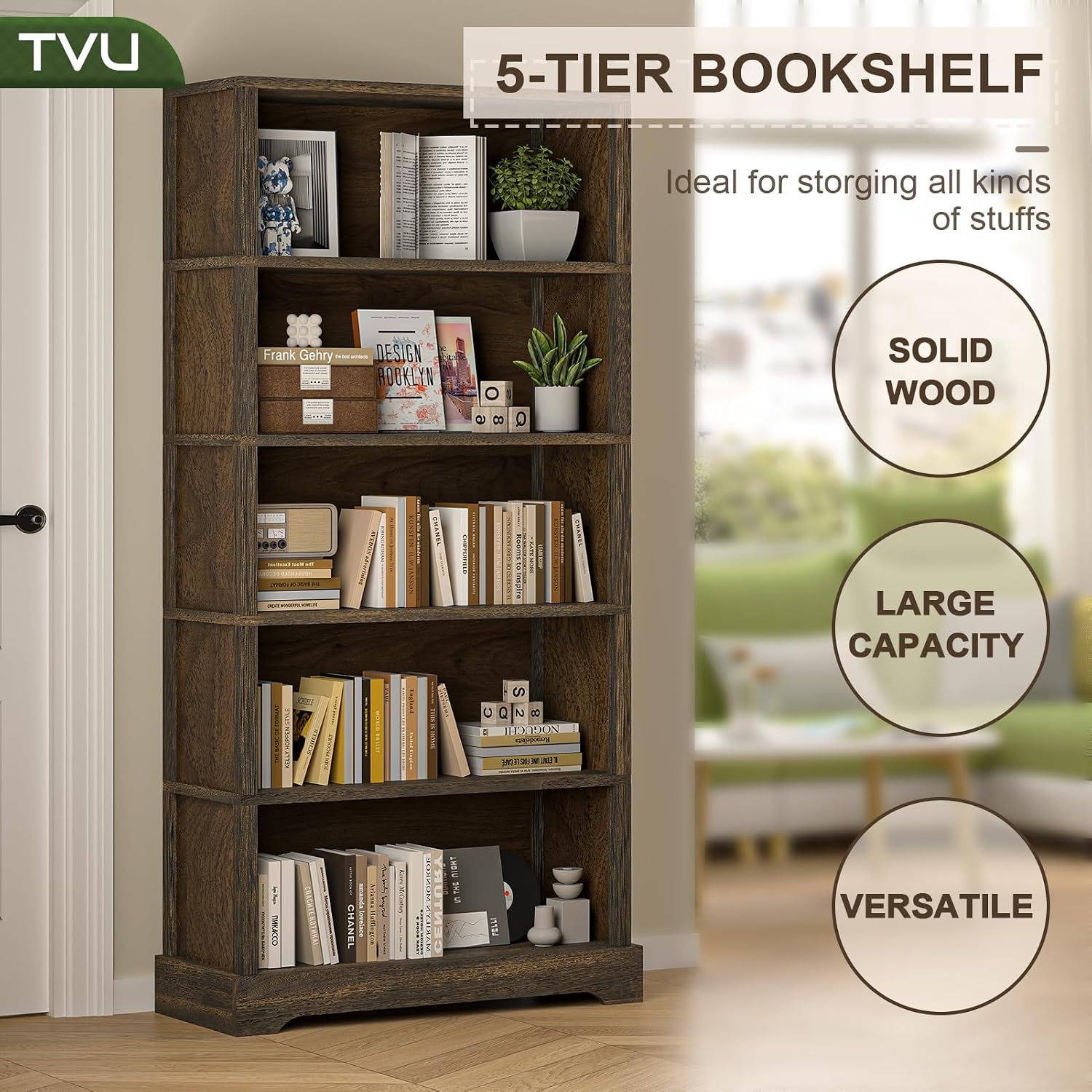 TVU 5 Tiers Wooden Bookshelf, 65.2" Tall Farmhouse Style Open Bookcase, 31.5" Wide Standing Book Shelf with Storage for Study Room, Living Room