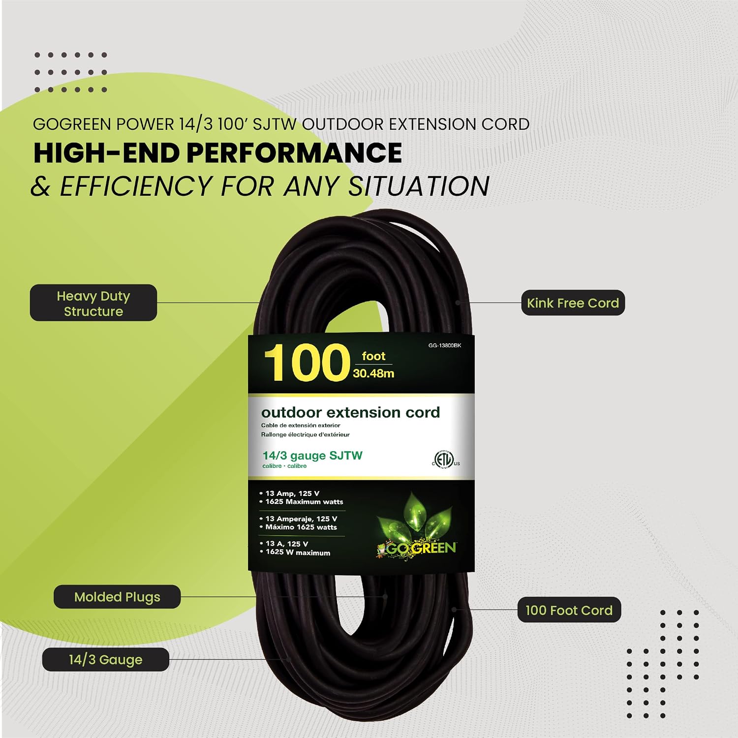 Go Green Power Inc. (GG-14025) 12/3 SJTW Outdoor Extension Cord, Lighted End, 25 ft