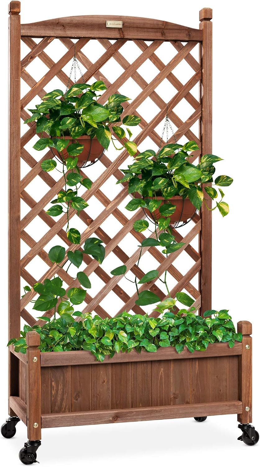 Best Choice Products Set of 2 48in Wood Planter Box & Diamond Lattice Trellis, Mobile Outdoor Raised Garden Bed for Climbing Plants w/Drainage Holes