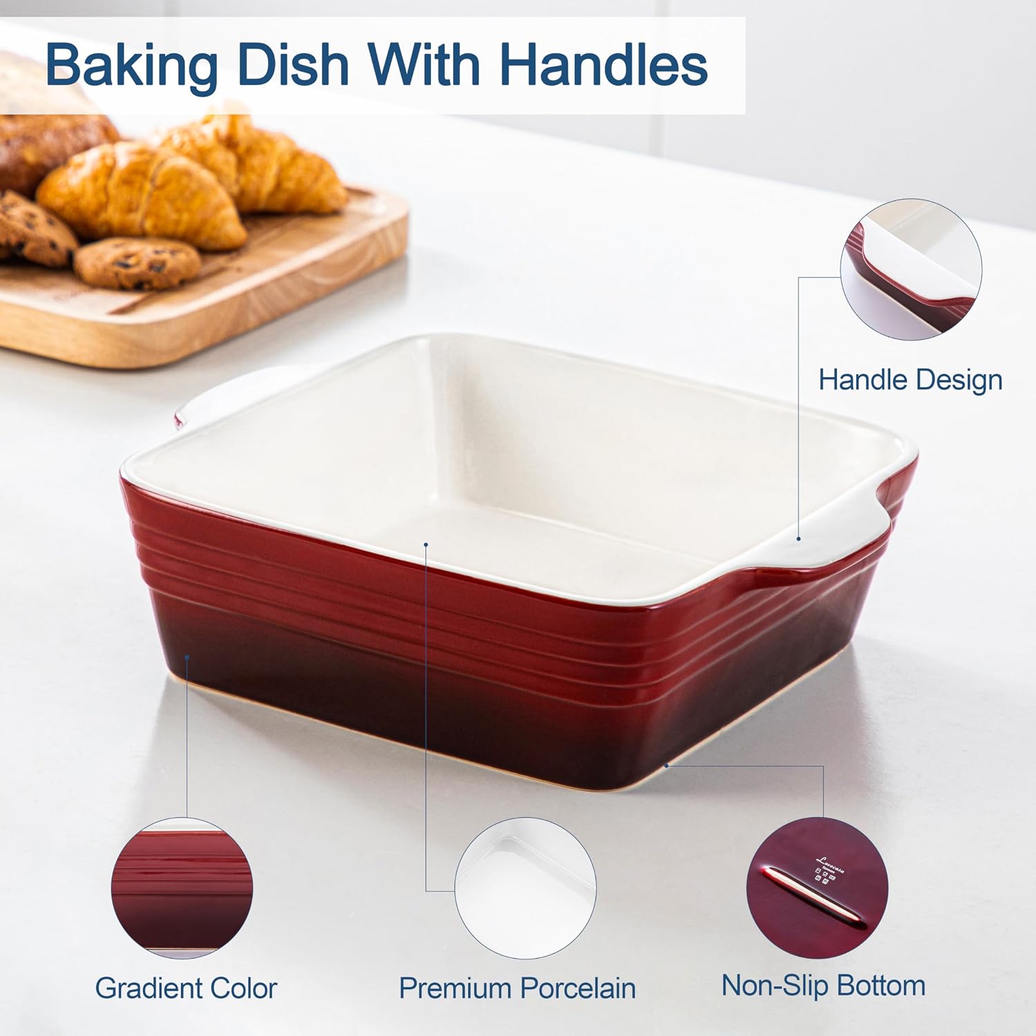 LOVECASA 8x8 inch Baking Pan, 2 Quart Square Cake Pan Baking Dish for Oven, Stoneware Brownie Pan Non-Stick, Casserole Baking Pan with Handle