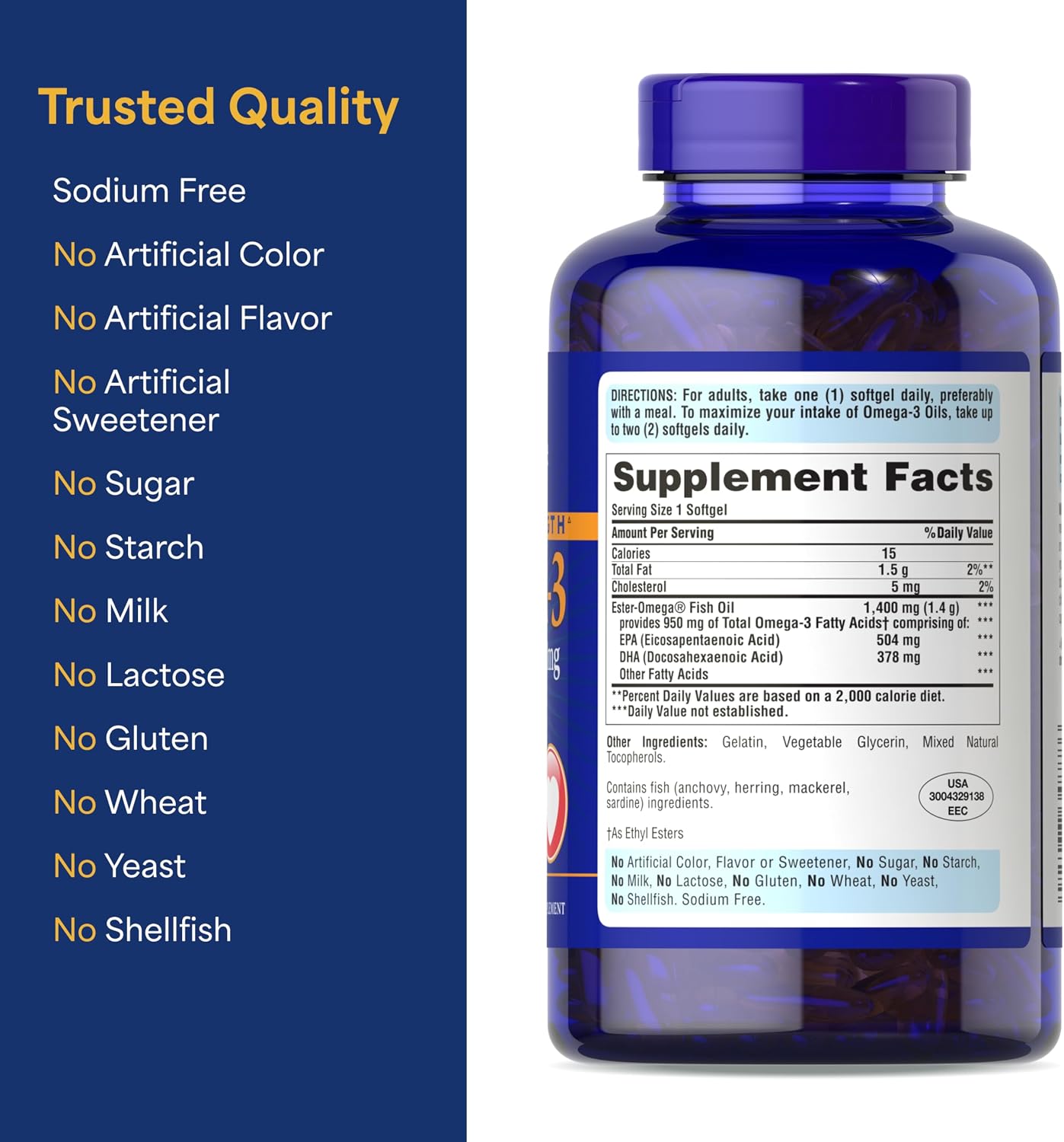 Puritan's Pride Triple Strength Omega-3 Fish Oil 1400mg, 240 Softgels