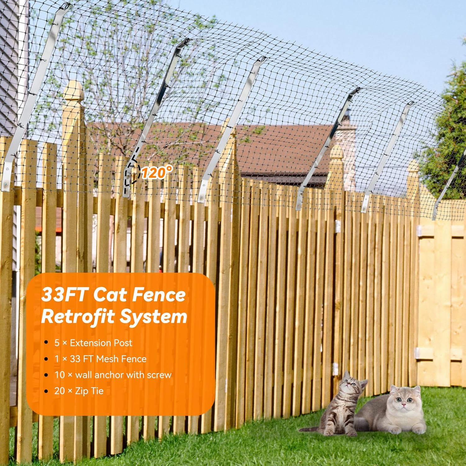Cat Fence Retrofit System Curved Fence Extenders Anti-Climb Jump Outdoor Barrier Galvanized Steel Toppers & Poly Mesh Containment Barrier for Wood