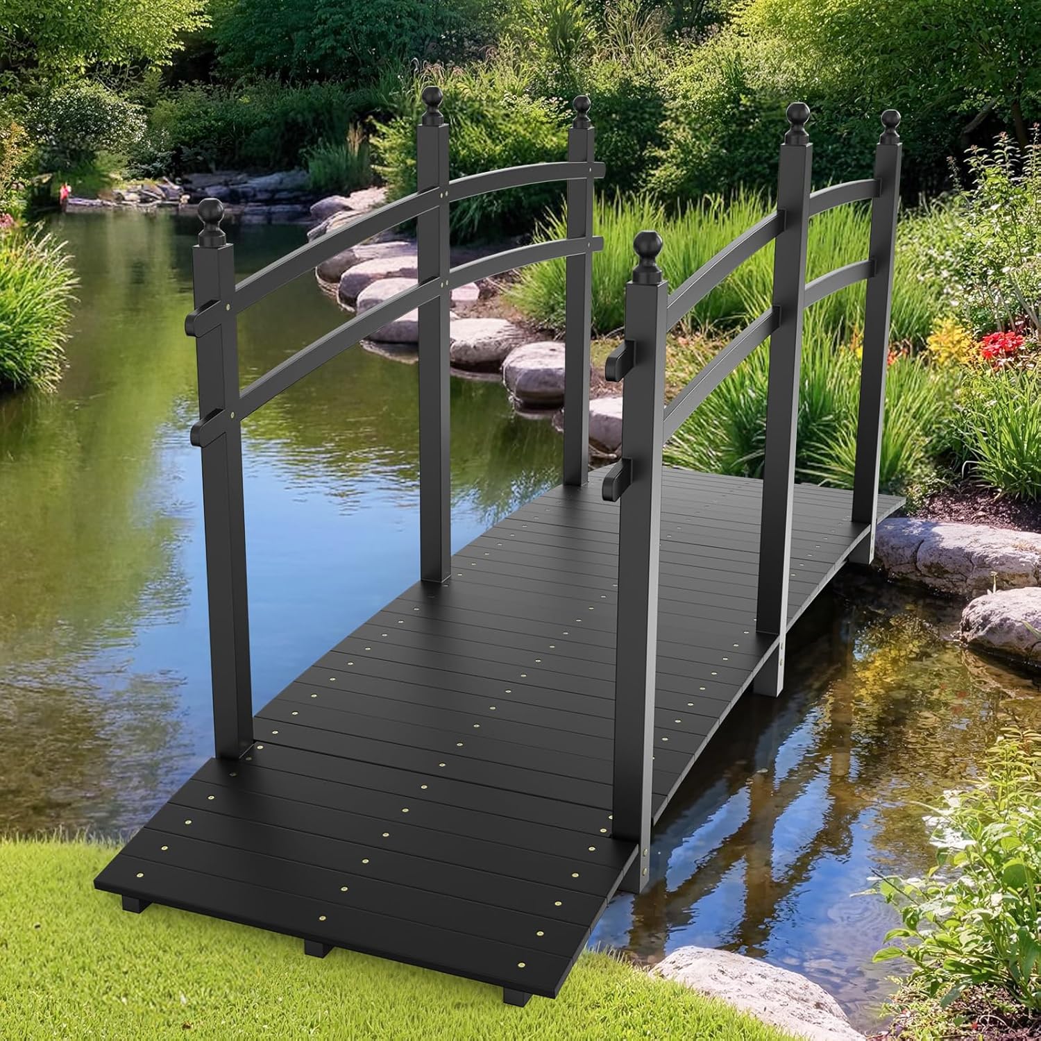 VINGLI 5 ft Garden Bridge, Classic Wooden Arch with Safety Rails Stained Finished Footbridge, Decorative Pond Landscaping, Backyard, Creek or Farm