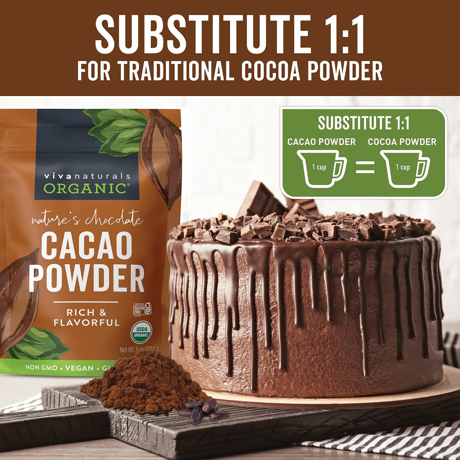 Organic Cacao Powder, Unsweetened, 1 lb (454 g) – Rich Dark Chocolate Flavor, Perfect for Baking, Smoothies & Hot Chocolate – Vegan, Keto, Paleo, Non-GMO & Gluten-Free Cocoa Powder