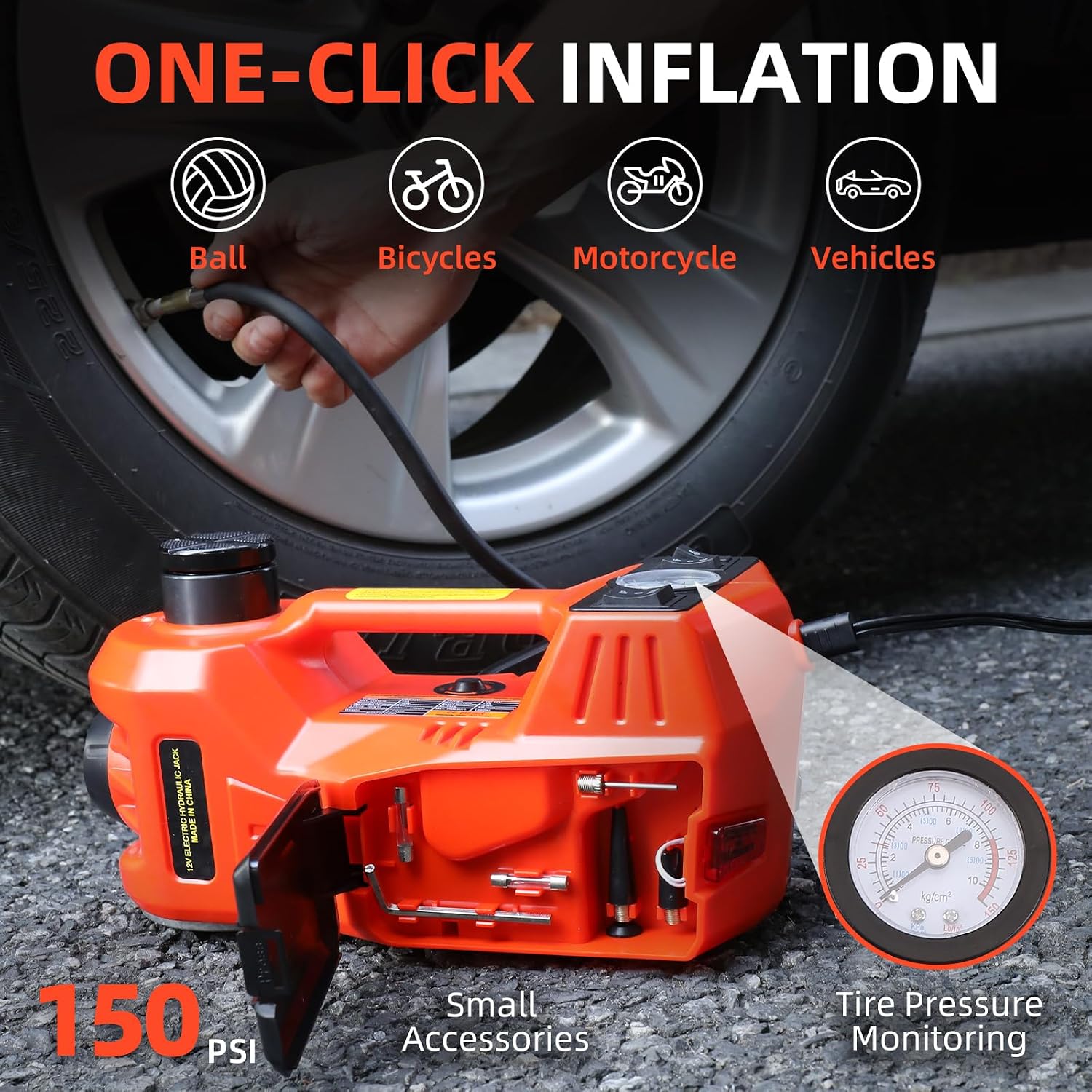 Trihelper Electric Car Jack 5 Ton 12V Floor Jack Hydraulic Jack Stand Car Lift Jack with Integrated Tire Pump for SUV Truck Sedan Vehicle Roadside
