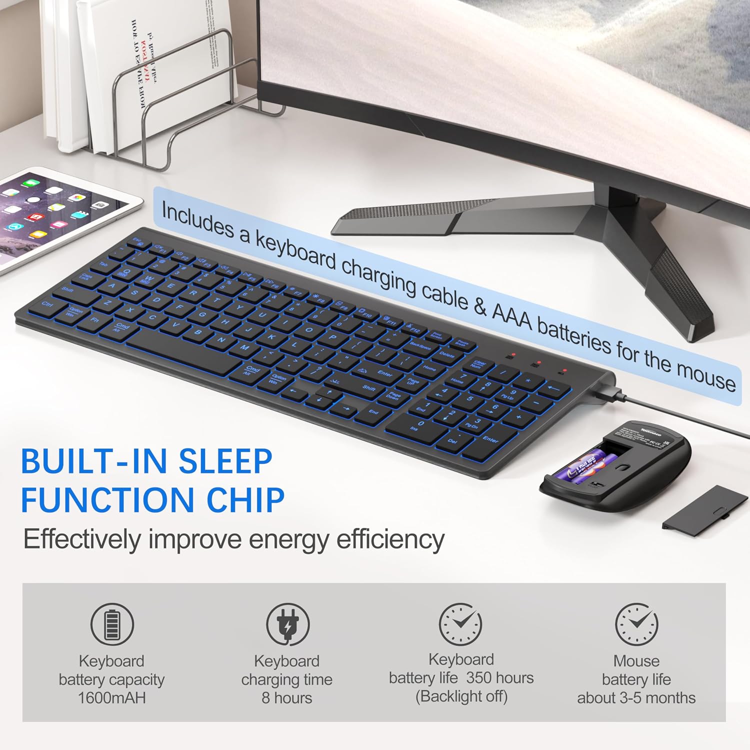 Wireless Keyboard and Mouse Ultra Slim Combo, TopMate - White | 2.4G Silent Compact 2400DPI Mouse and Scissor Switch Keyboard Set with Cover, Batteries Included, for PC/Laptop/Windows/Mac