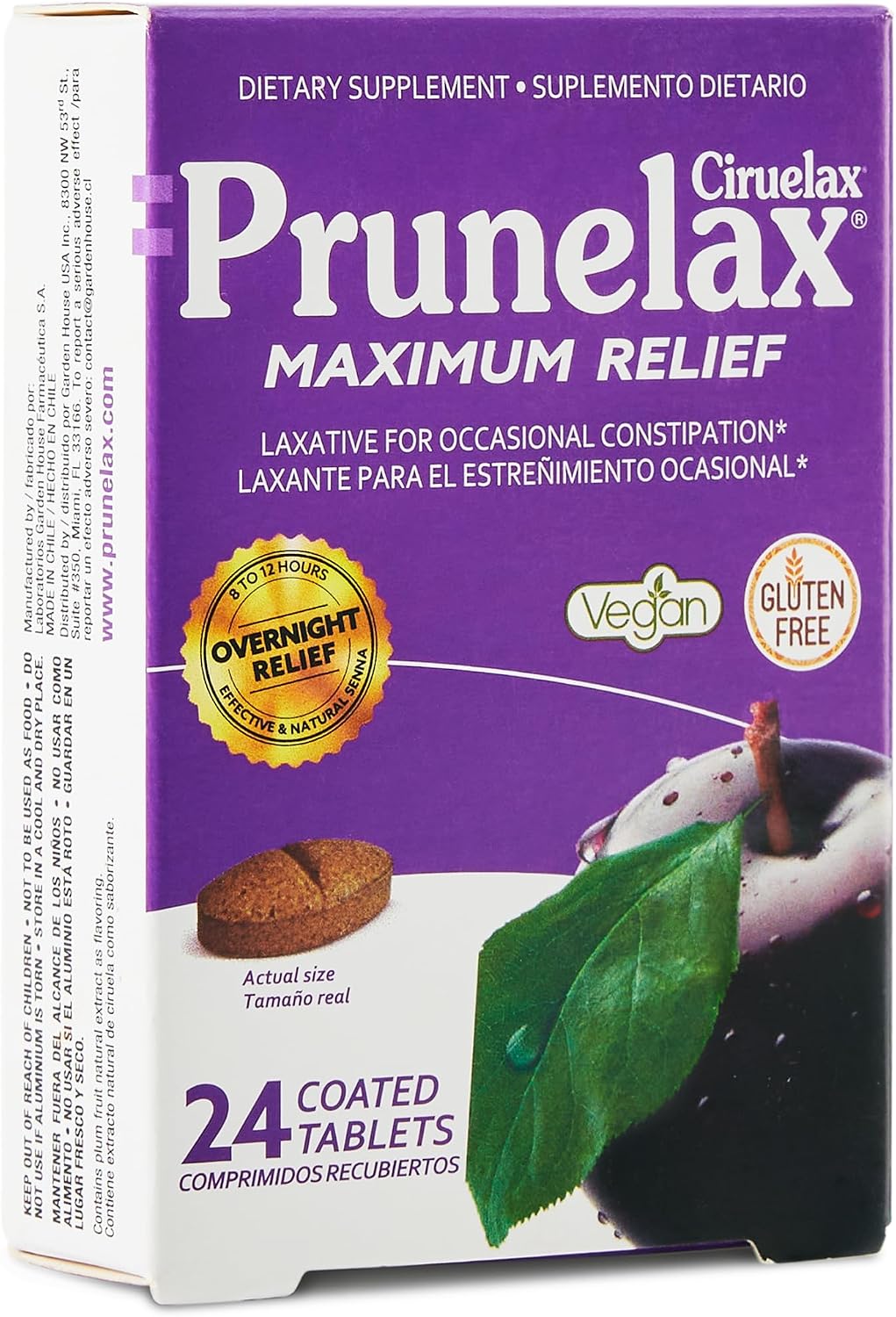 Prunelax Ciruelax Maximum Relief Laxative Tablets with Natural Senna for Occasional Constipation, Senna Extract, Vegan & Gluten-Free, Gentle Overnight Relief - 100ct