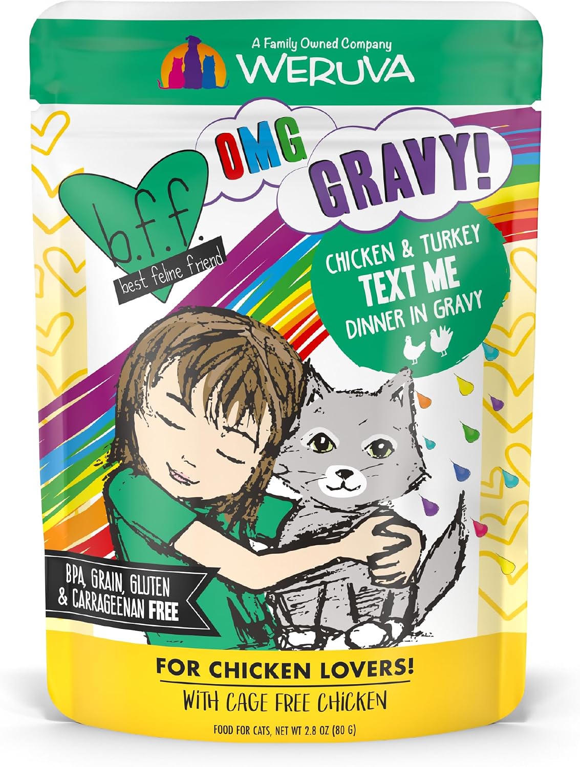 Weruva B.F.F. OMG - Best Feline Friend Oh My Gravy!, Tuna & Salmon Sweet Cheeks with Tuna & Salmon in Gravy Cat Food, 3oz Pouch (Pack of 12)