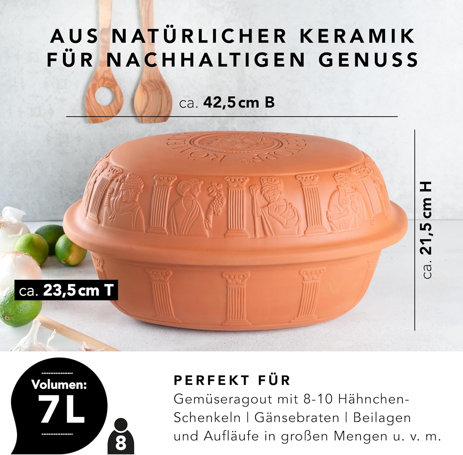 Romertopf Clay Roaster | Non-Stick Dutch Oven | Healthy Pot Cooking | Clay Baker | Versatile Cooking Vessel - 7.3 Quarts (7 Liters) For Up To 8 People