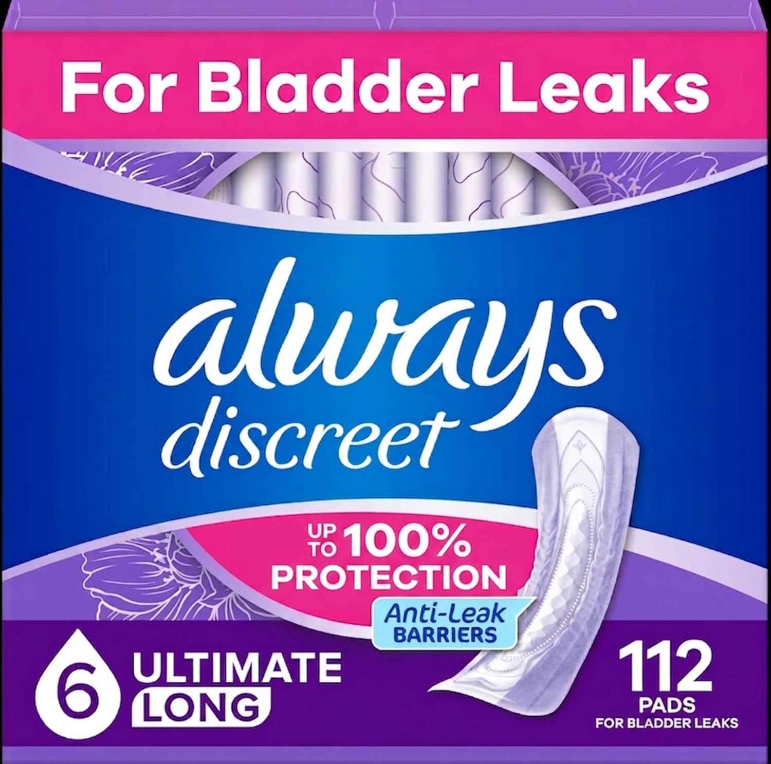 Always Discreet Adult Incontinence Pads for Women, Drier, 6 Drop Long Length, Extra Heavy Absorbency, Pads for Bladder Control Management, Bladder Leaks, & Postpartum Pads, 45ct