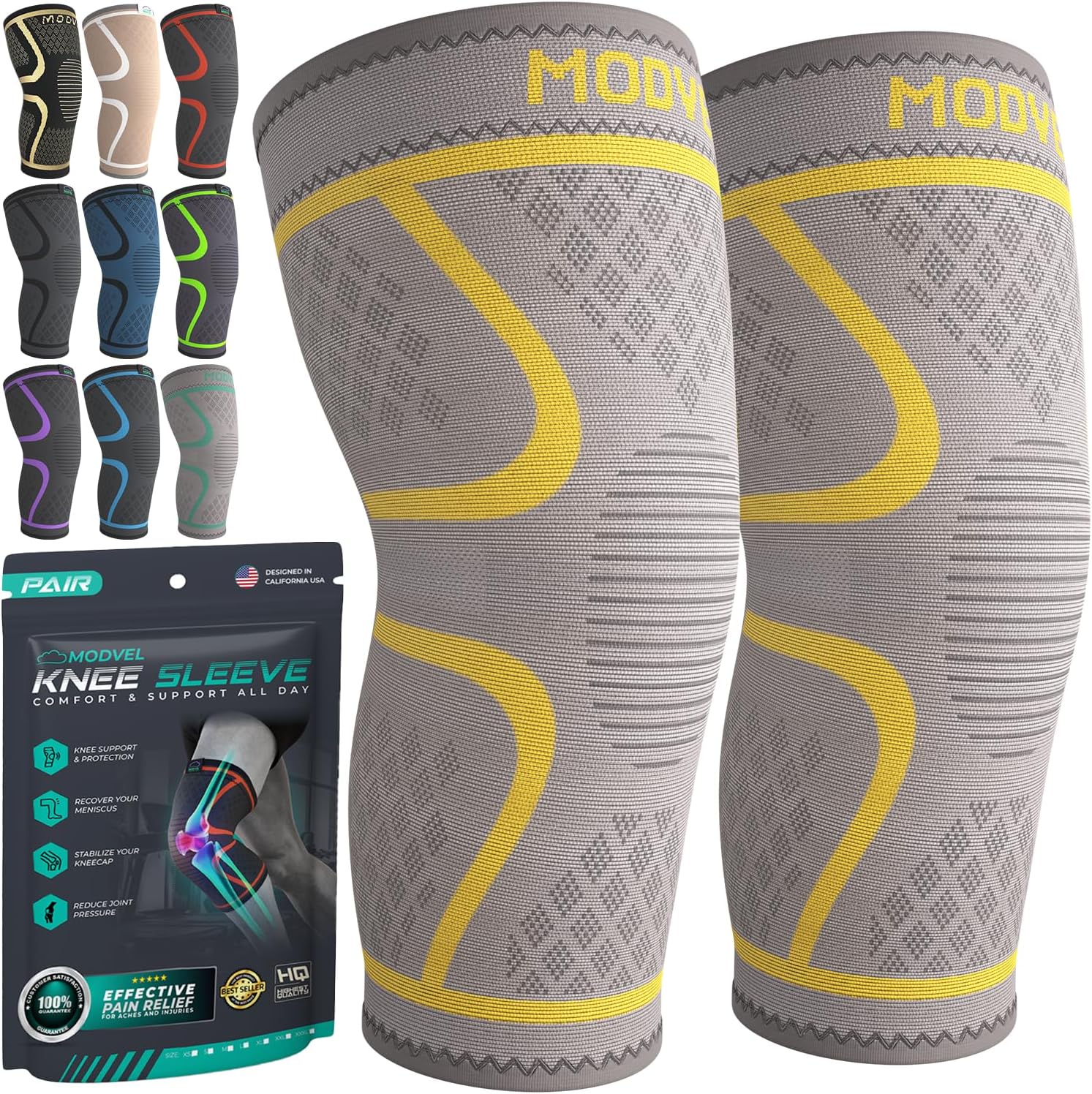 Modvel Compression Knee Brace for Women & Men - 2 Pack Knee Brace for Women Running Knee Pain, Knee Support Compression Sleeve