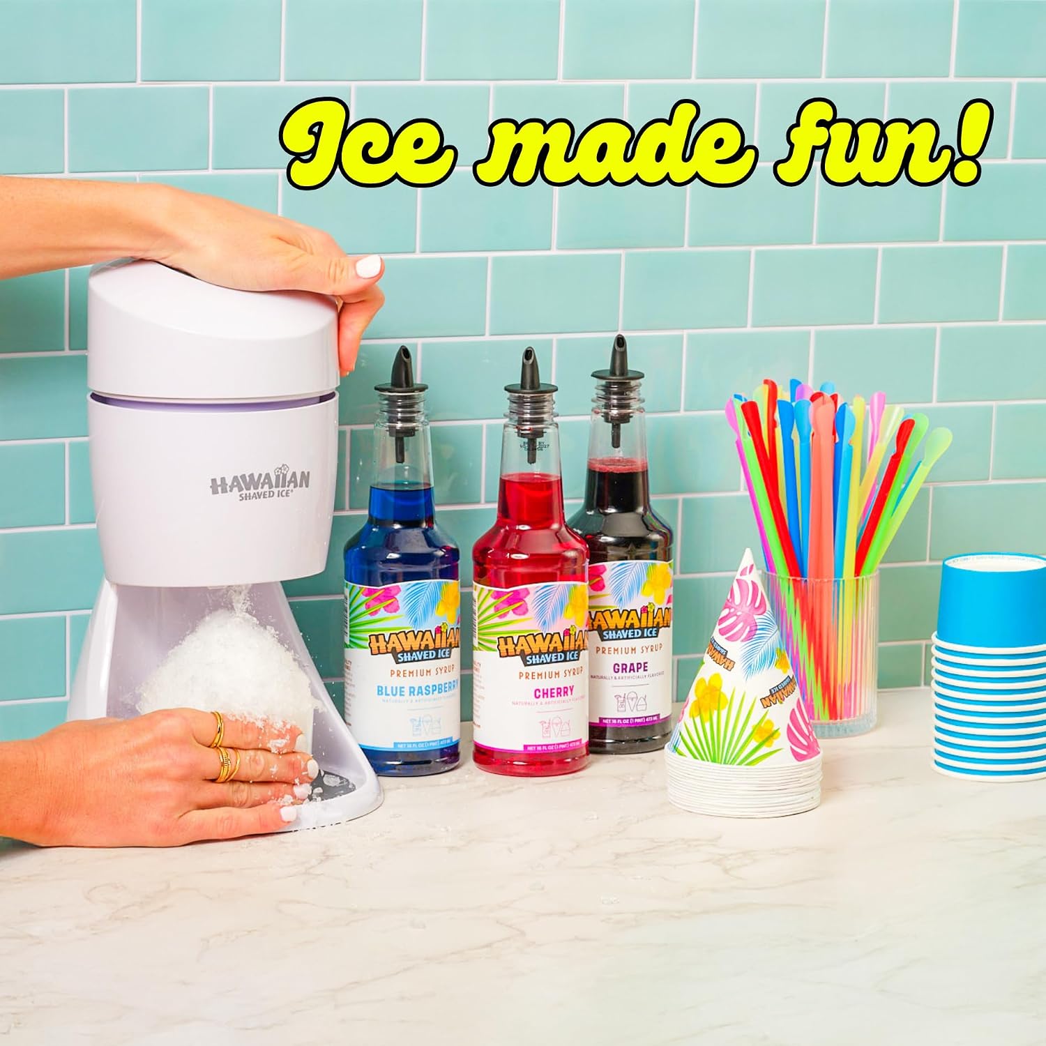 Hawaiian Shaved Ice S900A Made in USA Professional Fluffy Ice & Snow Cone Machine for Home Use - Complete Party Kit with Flavor Syrups