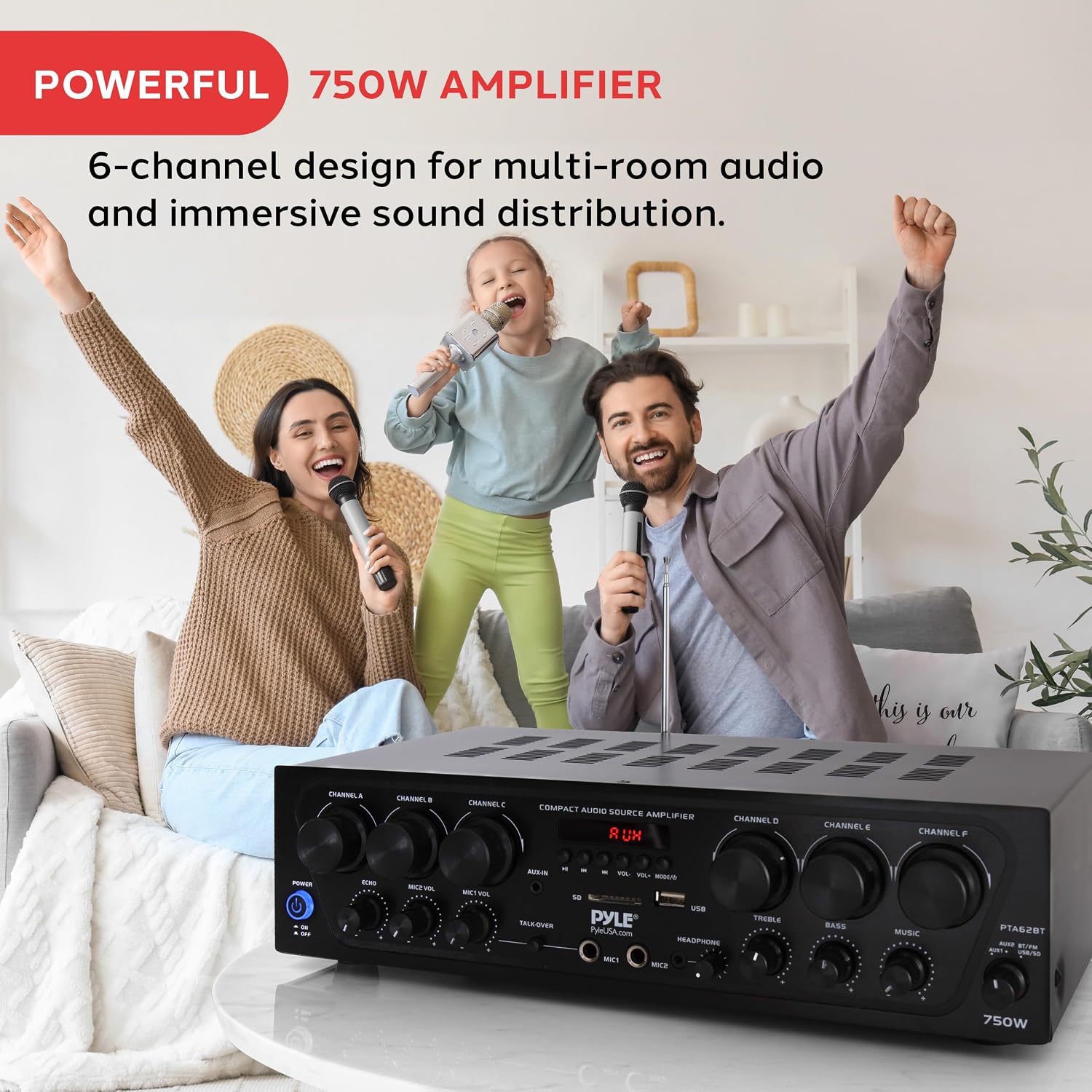 Pyle Bluetooth Wireless Home Amplifier System - Upgraded 6 Channel Audio, 750 Watt Power, Easy Karaoke, Stereo Receiver w USB-A, Micro SD, Headphone